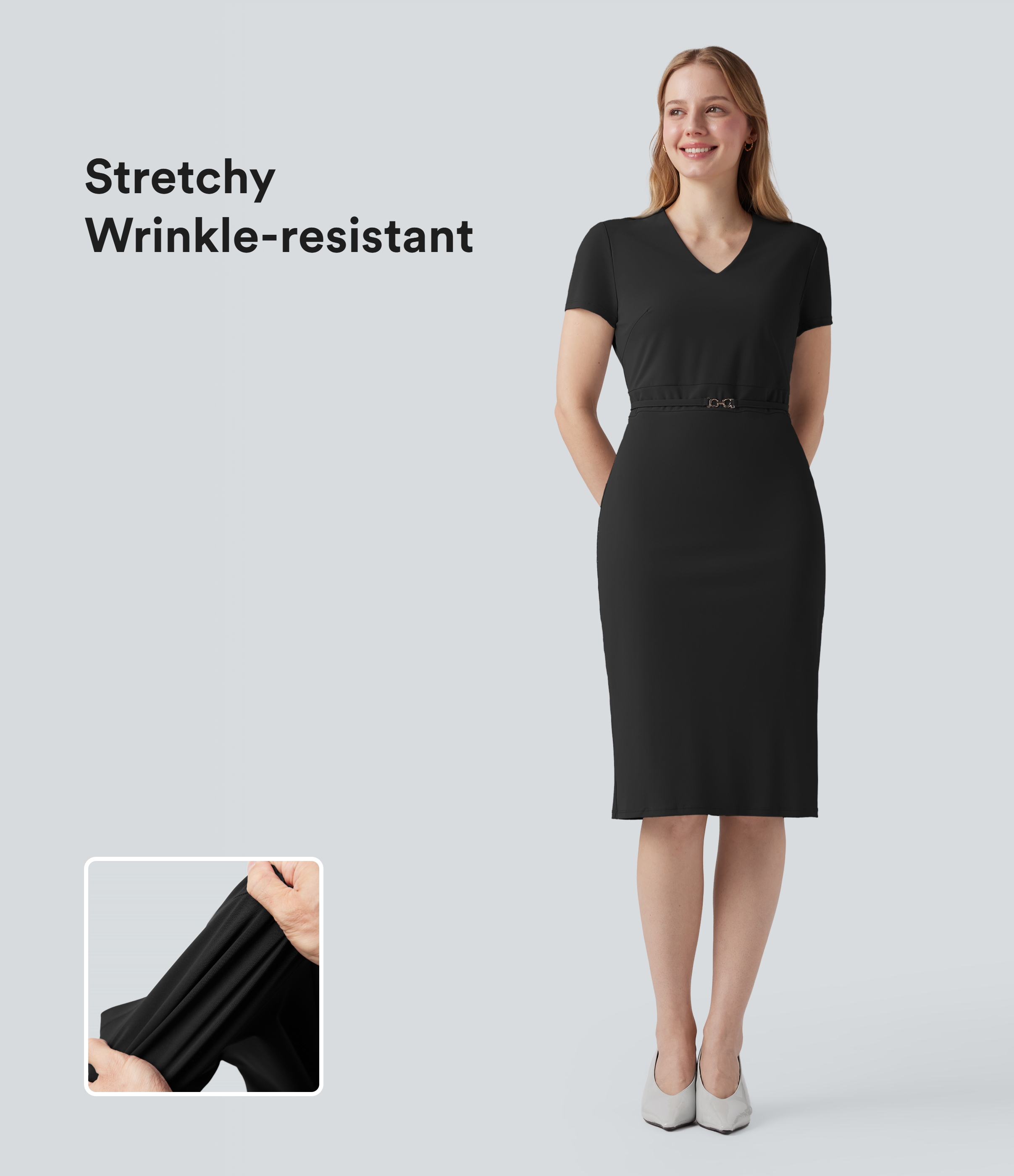 Robe de travail mi-longue anti-froissage à col V et manches courtes