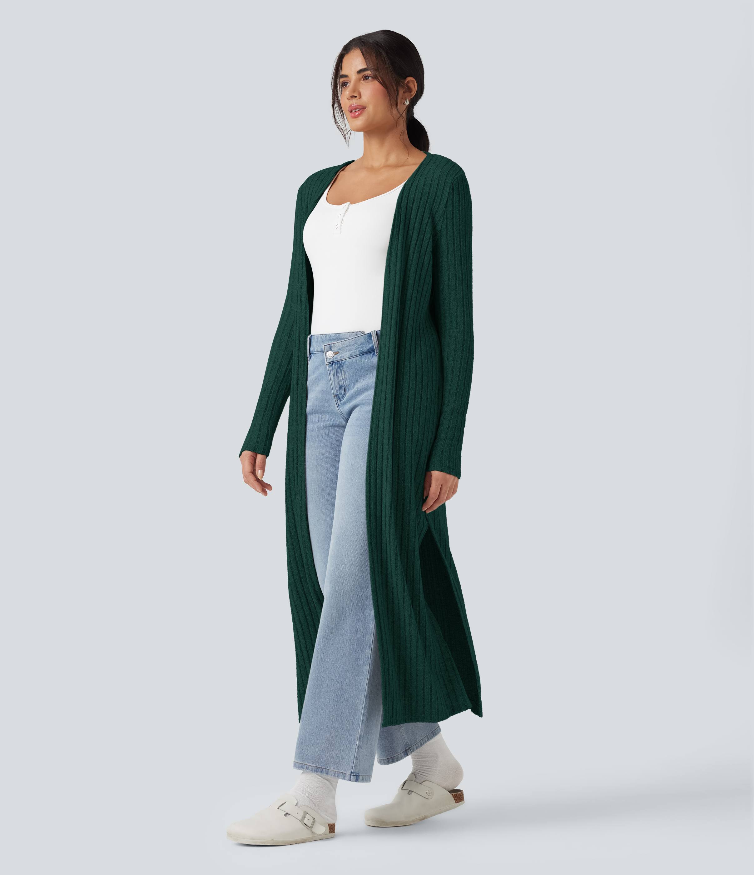 Manteau long décontracté maille côtelée manches longues avec fente