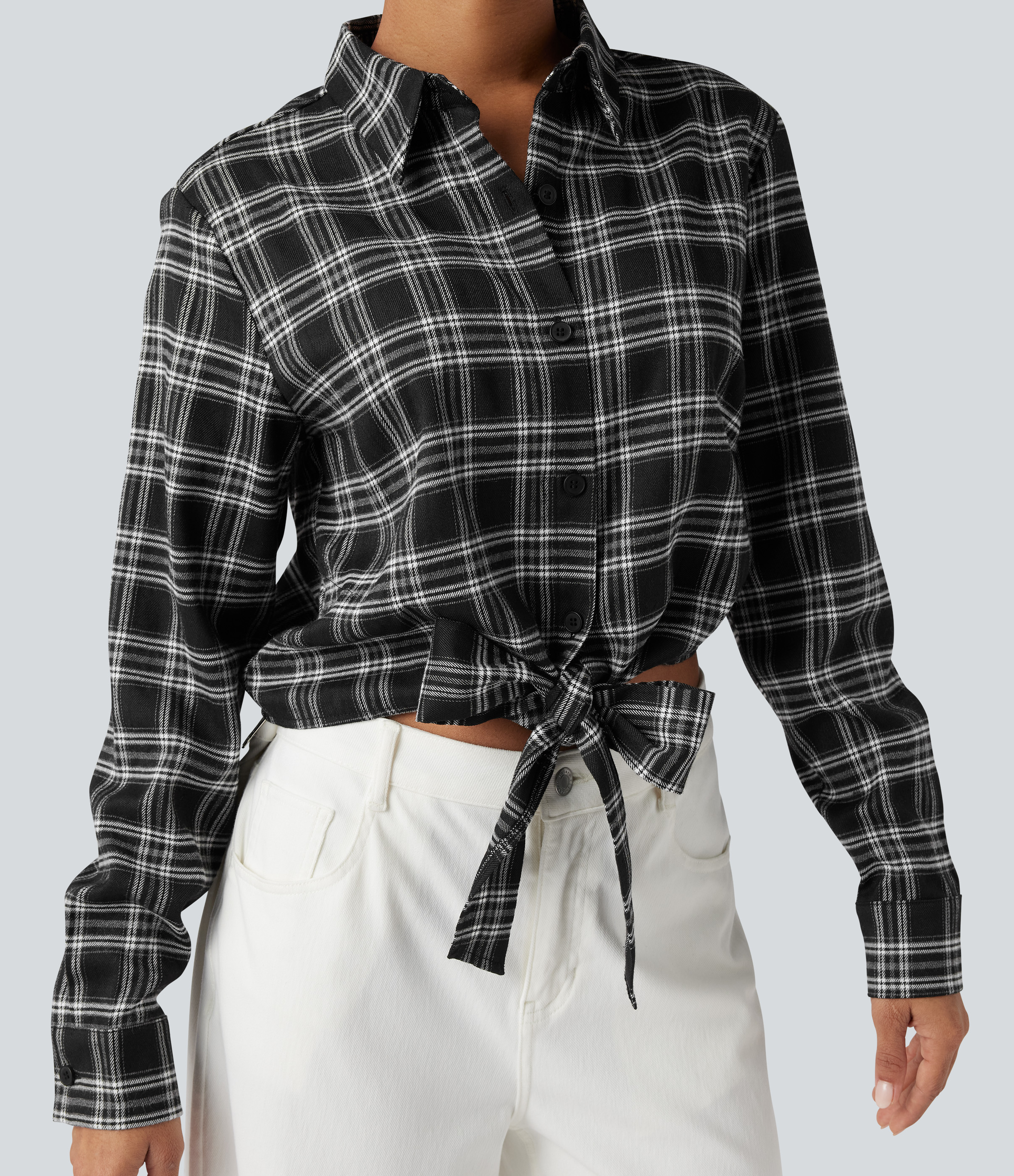Long Sleeve Tie Front Plaid Casual Shirt