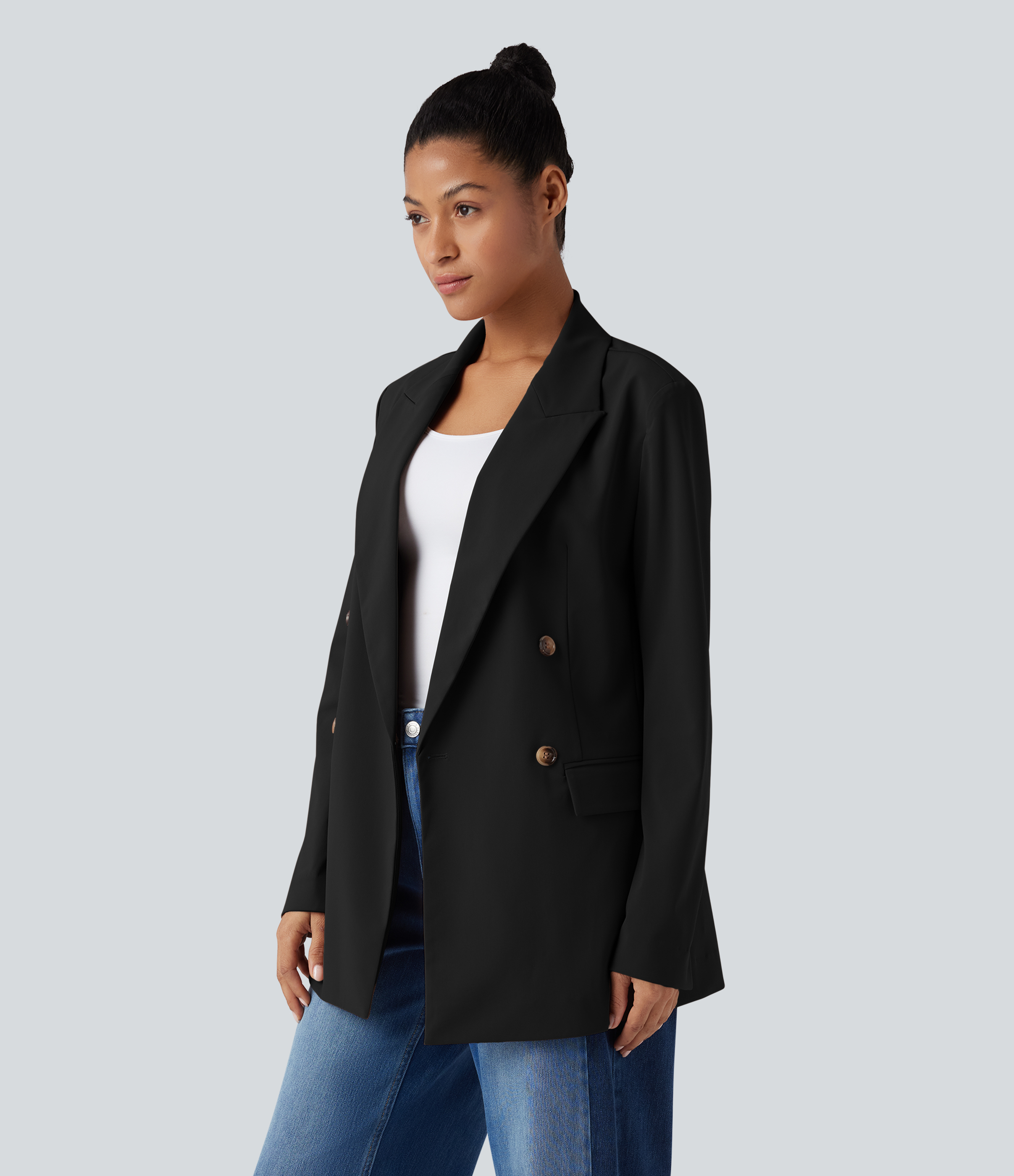 Wrinkle-resistant Notched Collar Long Sleeve Work Blazer with Pockets