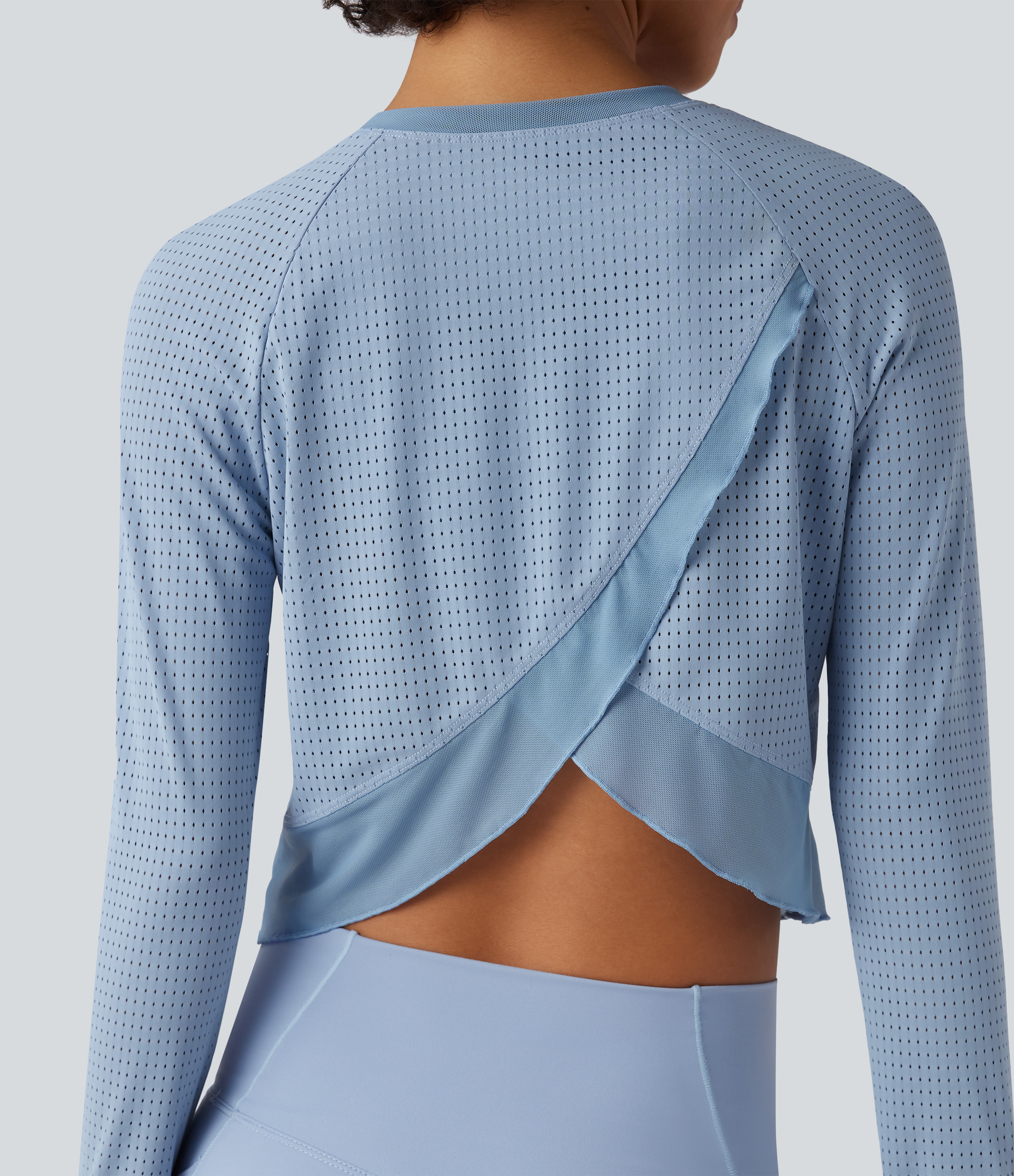 Crew Neck Long Sleeve Thumb Hole Eyelet Workout Sports Top