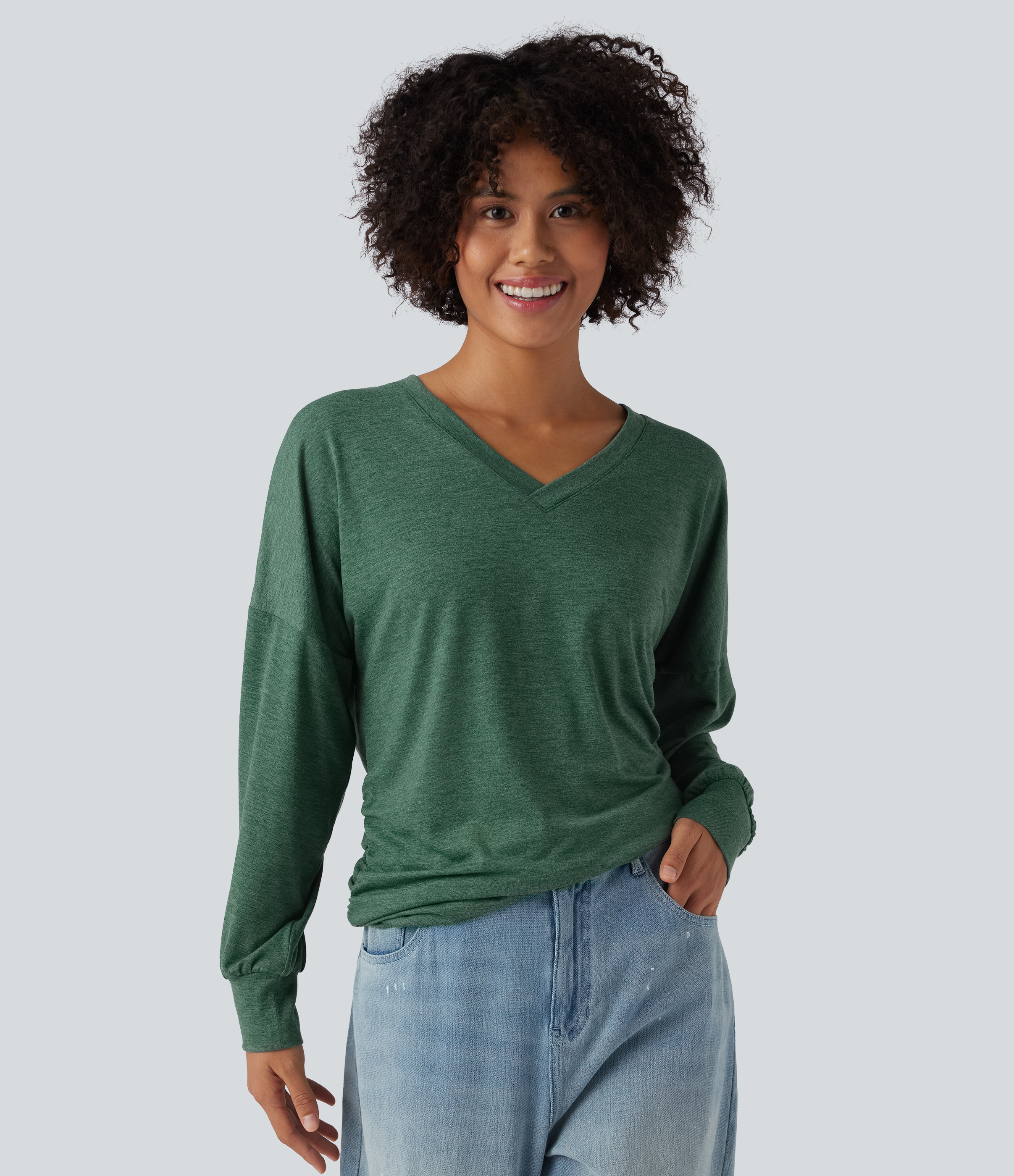 V Neck Long Sleeve Ruched Relaxed Casual T-Shirt