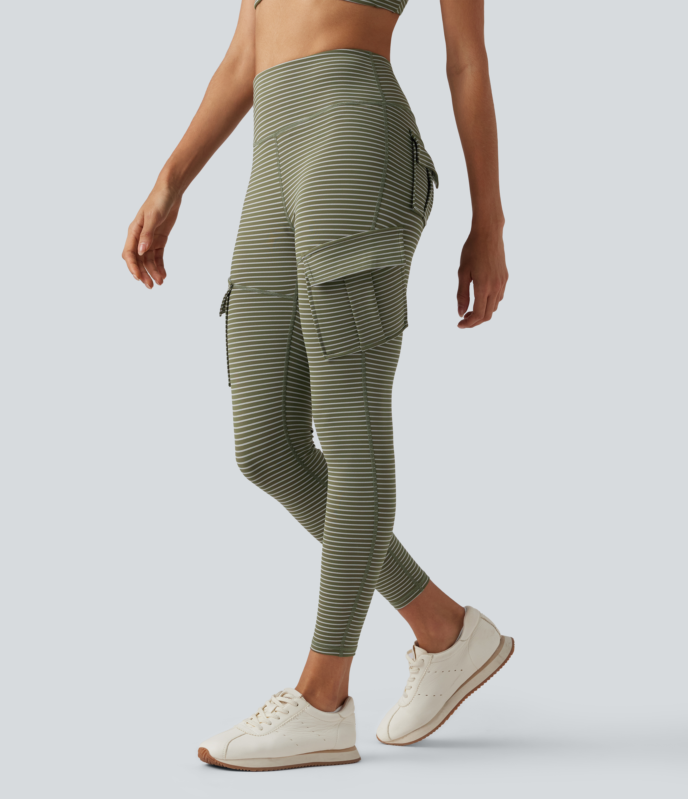 High Waisted Stripes 7/8 Yoga Cargo Leggings with Pockets