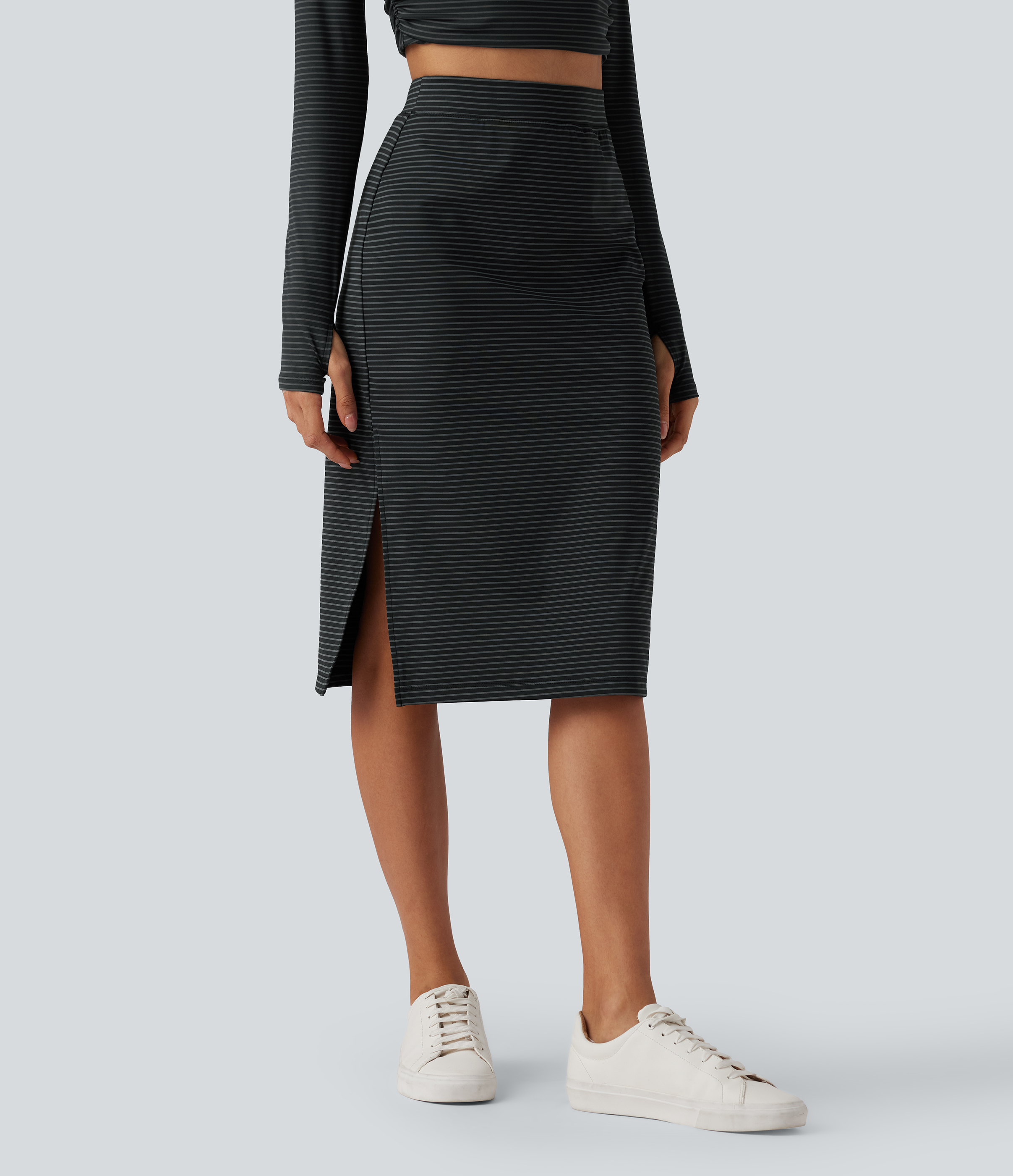 Casual midi pencil skirt with a high waist and stripes