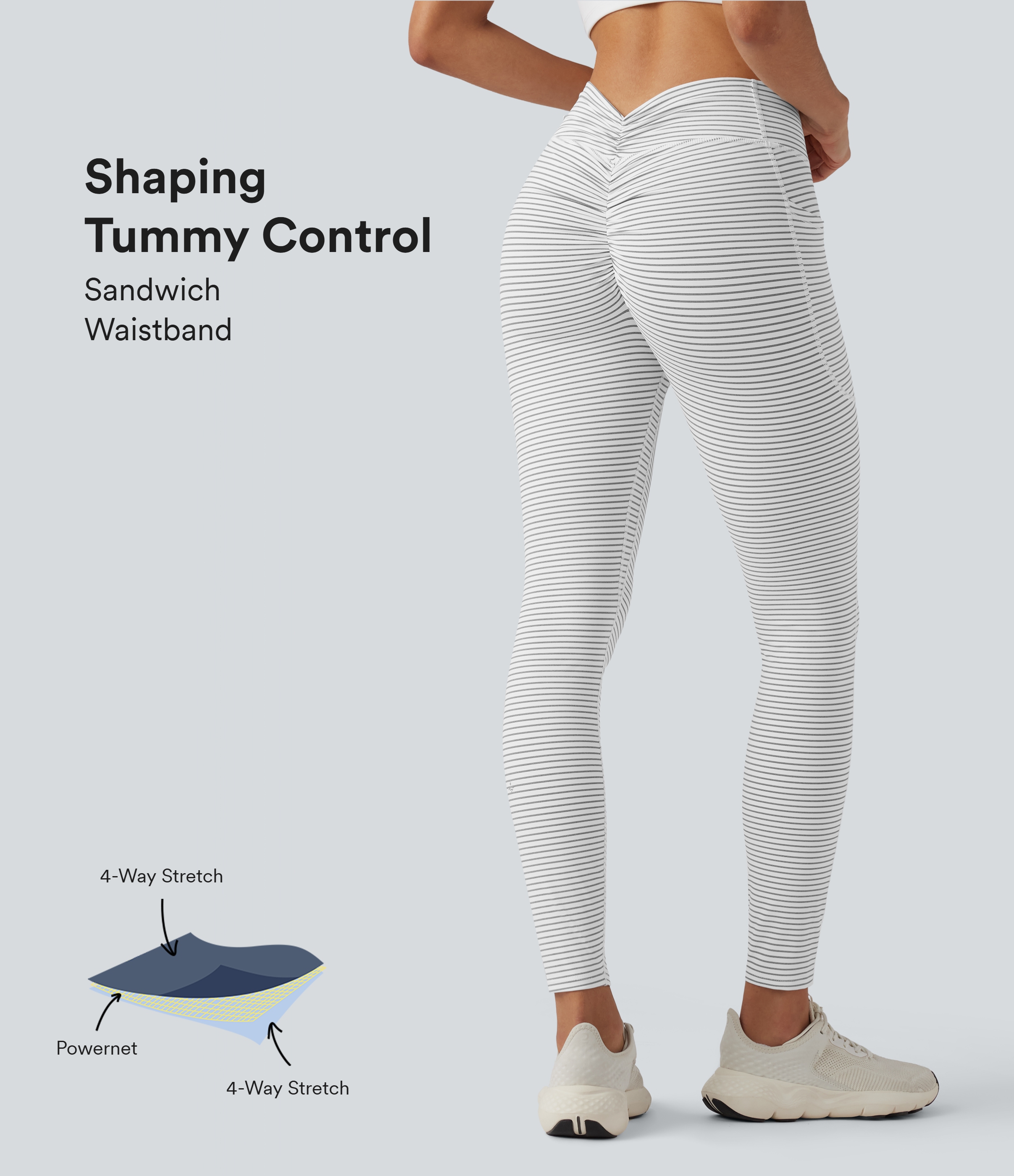 Yoga-Leggings mit hohem Bund, Seitentaschen, Booty-Scrunch, Bauchkontrolle und Streifen