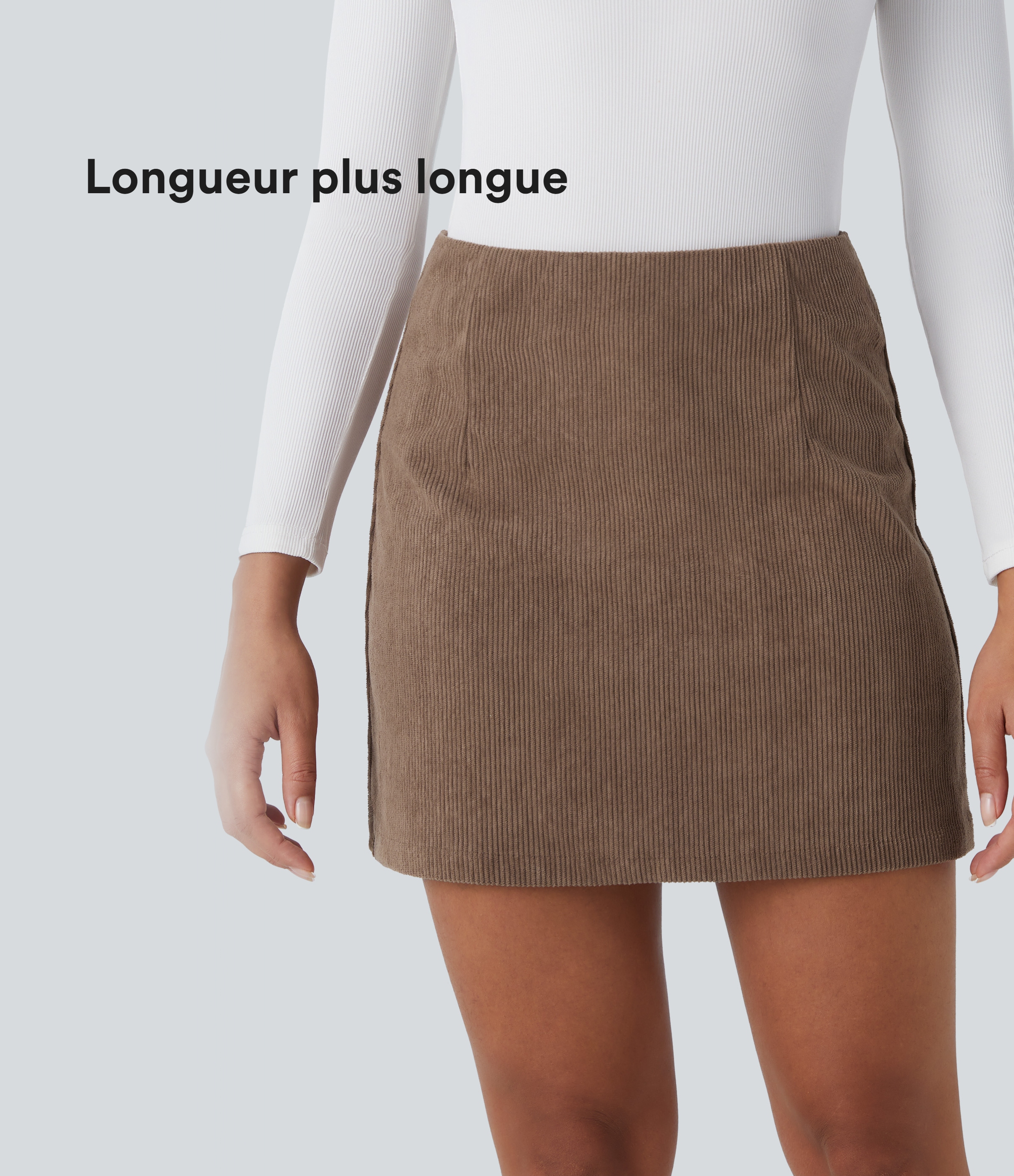 Jupe décontractée 2-en-1 en velours côtelé à taille haute, coupe évasée, longueur mini allongée et zip invisible