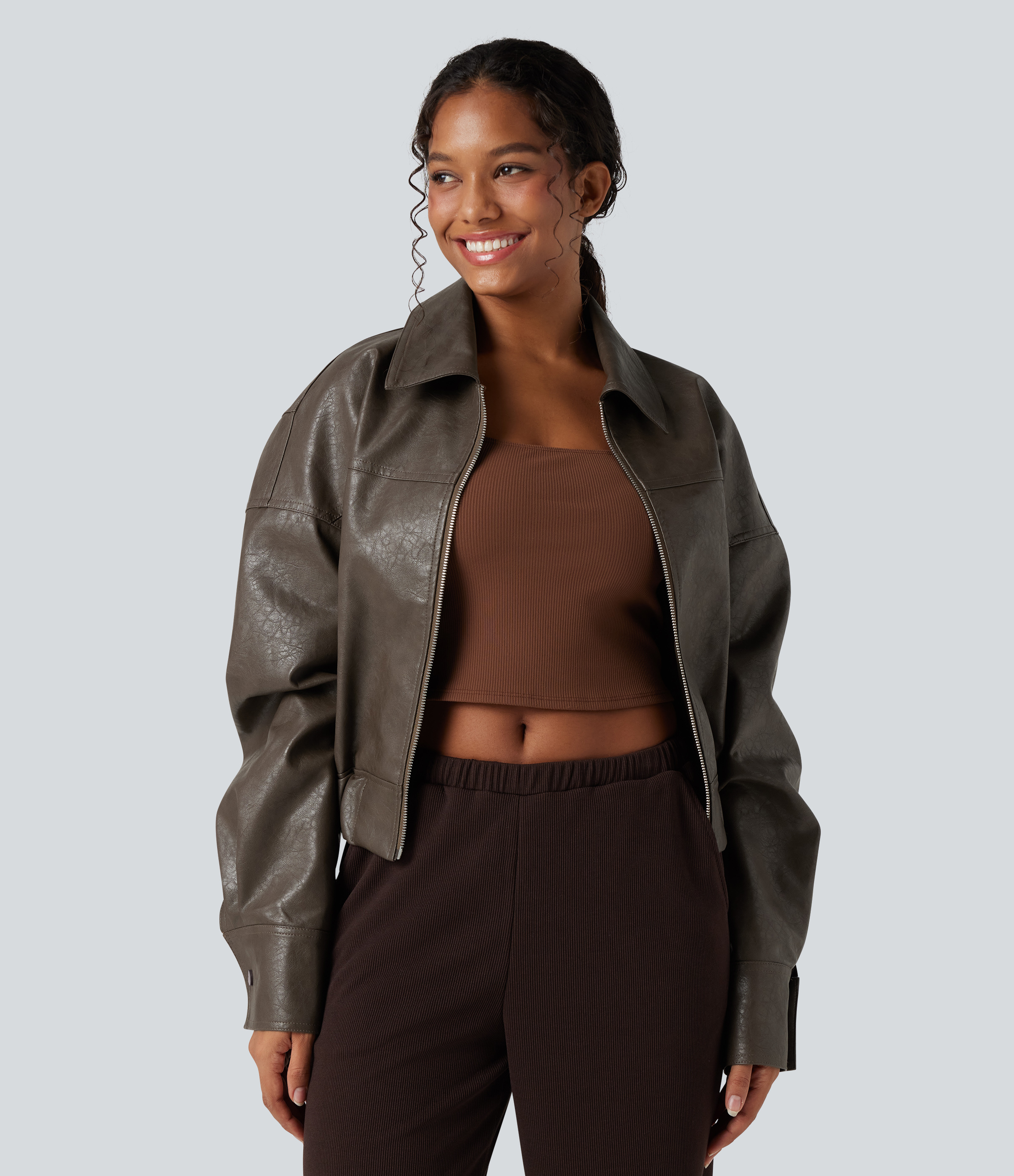 Women's Zipper Long Sleeve Casual Faux Leather Jacket with Pockets
