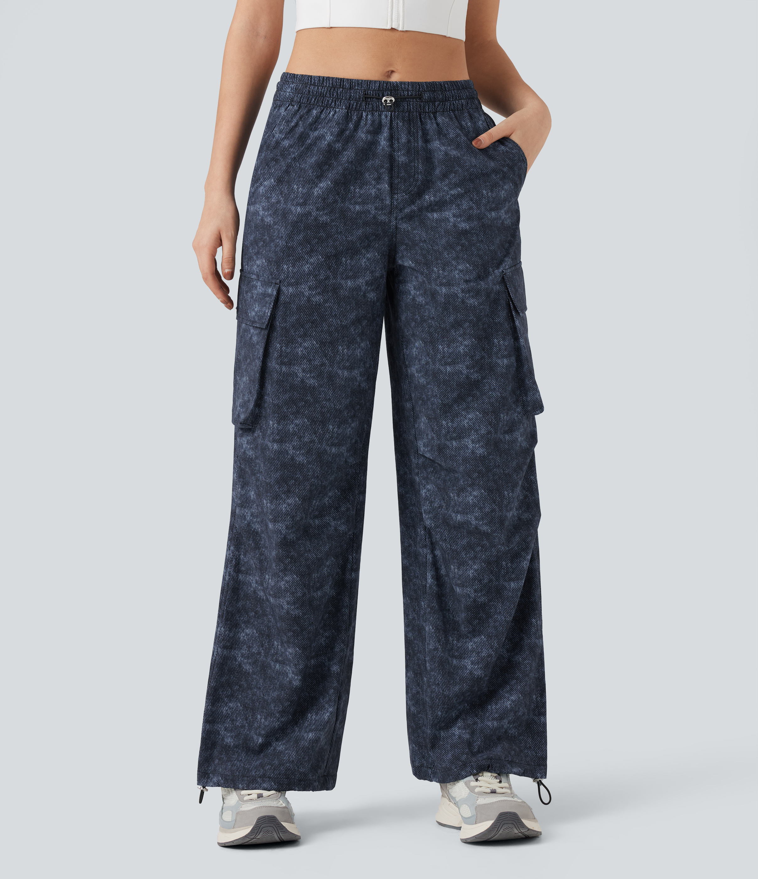 Mid Rise Adjustable Drawcord Denim Print Camping Straight Leg Cargo Pants with Pockets