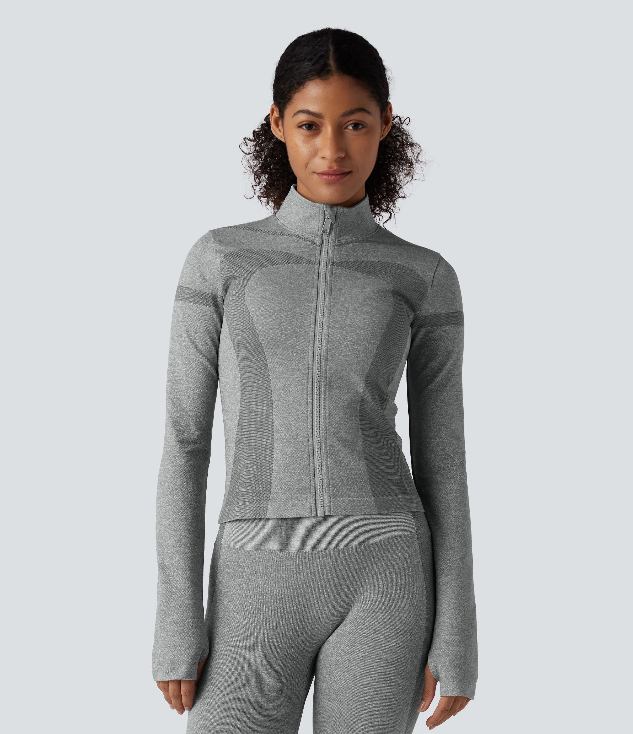 OneForm Seamless Flow Stand Collar Zipper Long Sleeve Thumb Hole Yoga Warming Jacket