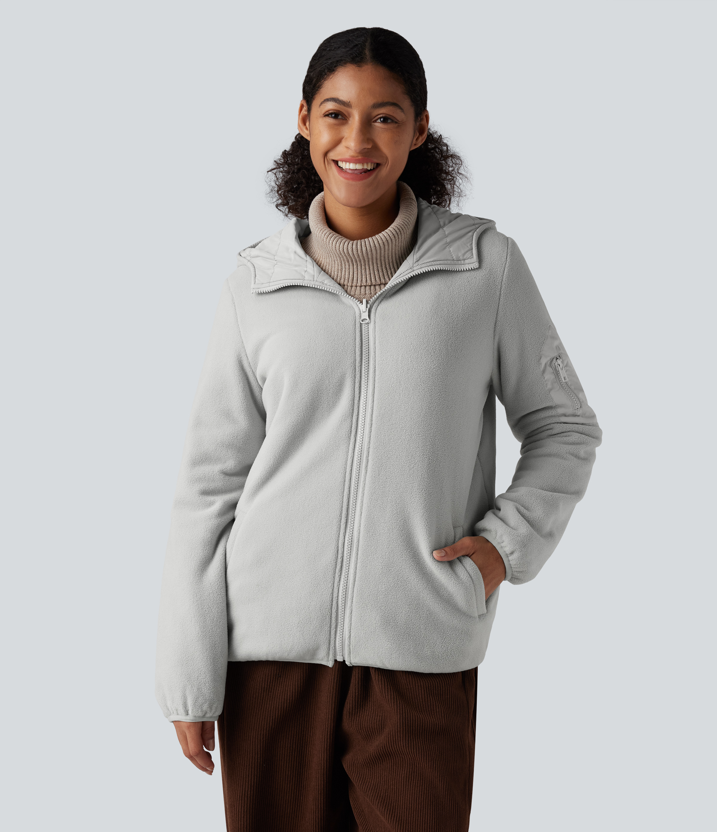 Dawn Blue Reversible Hooded Zipper Long Sleeve Fleece Casual Padded Jacket with Pockets (Two Looks in One) / 2