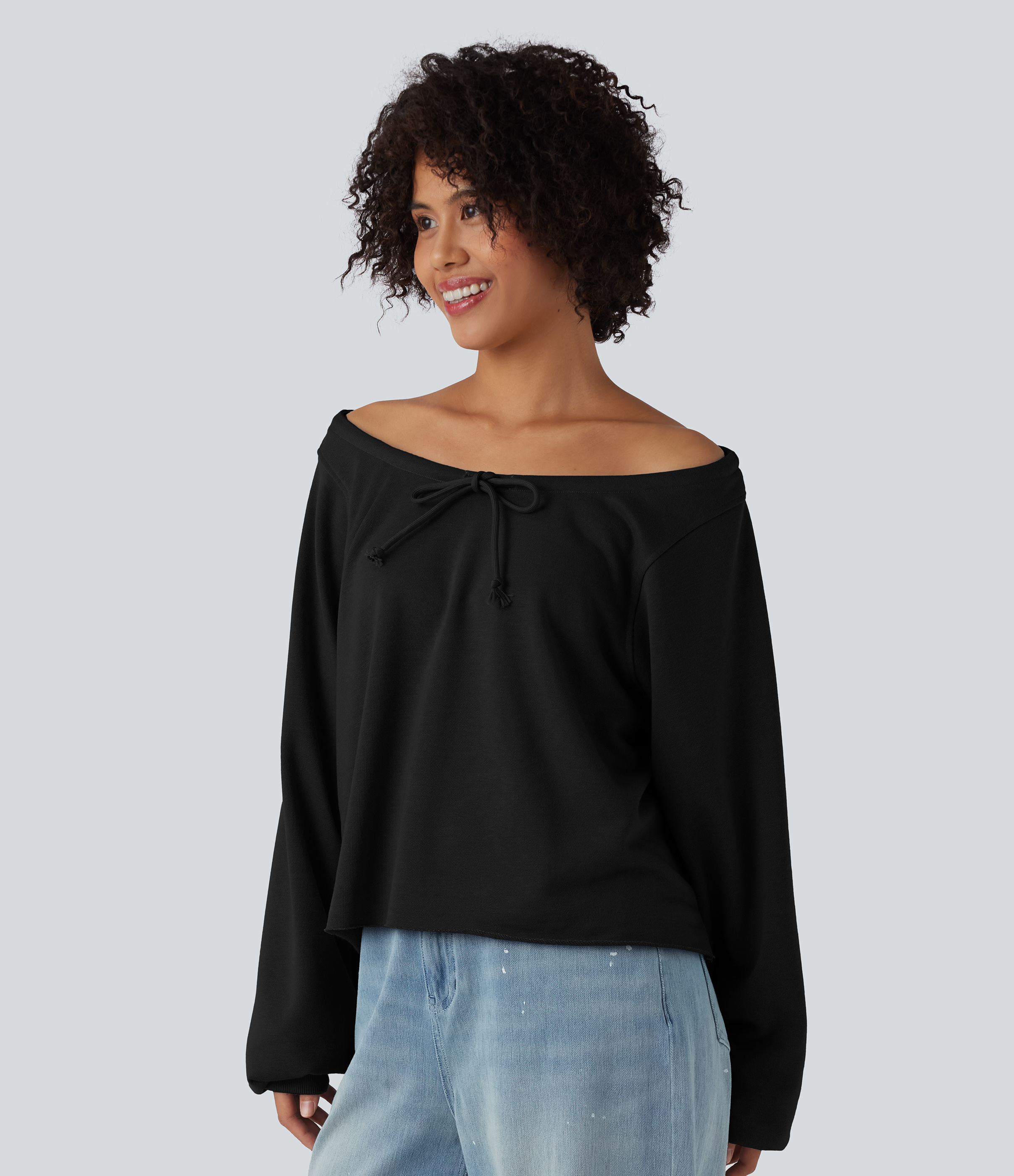 Sweatshirt décontracté à épaules dénudées et manches longues