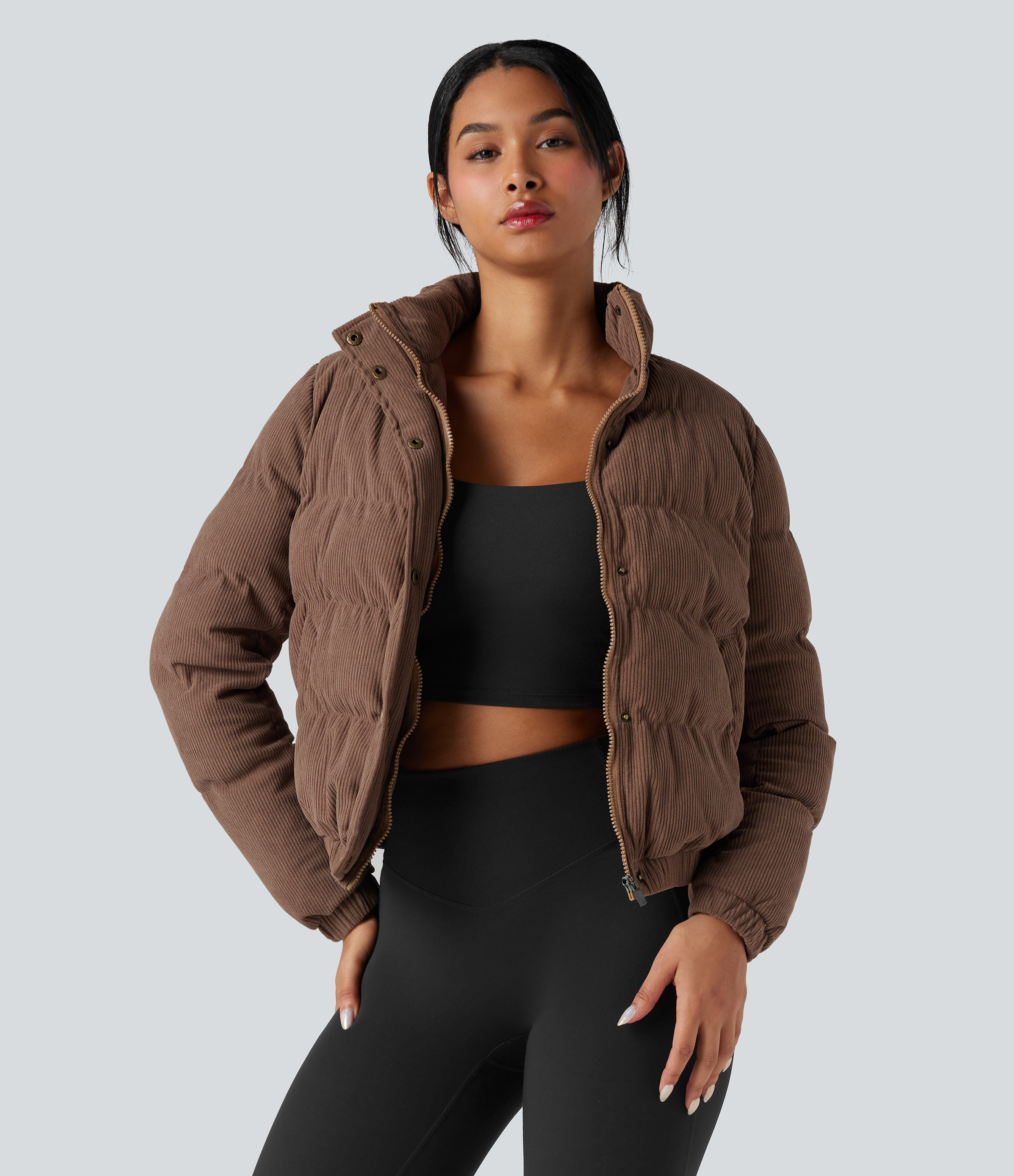 Doudoune casual en velours côtelé à col montant avec poches