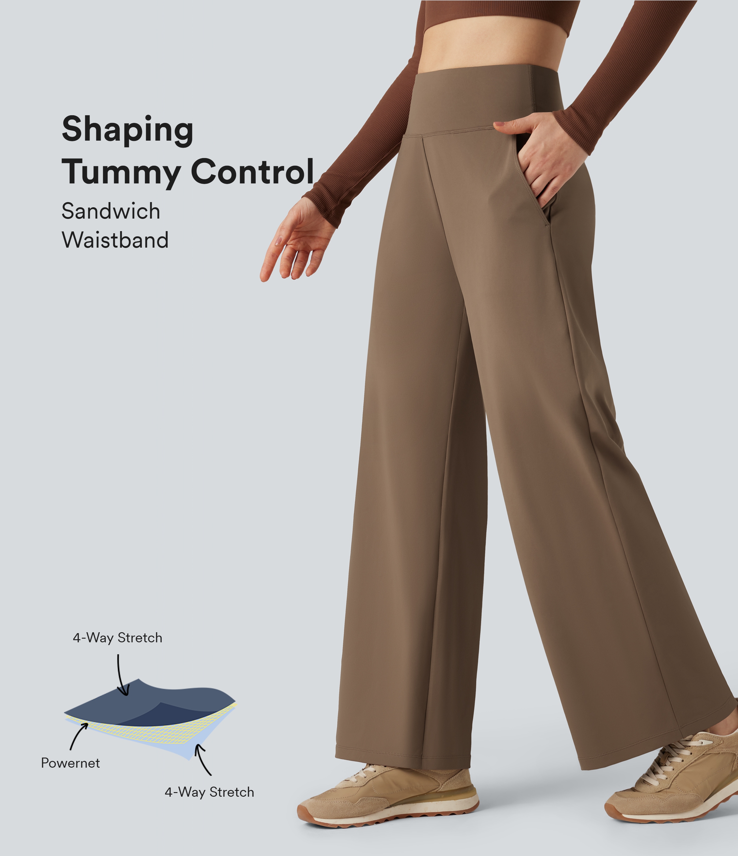 Reddish Brown High Waisted Tummy Control Wide Leg Yoga Trousers with Pockets / 1