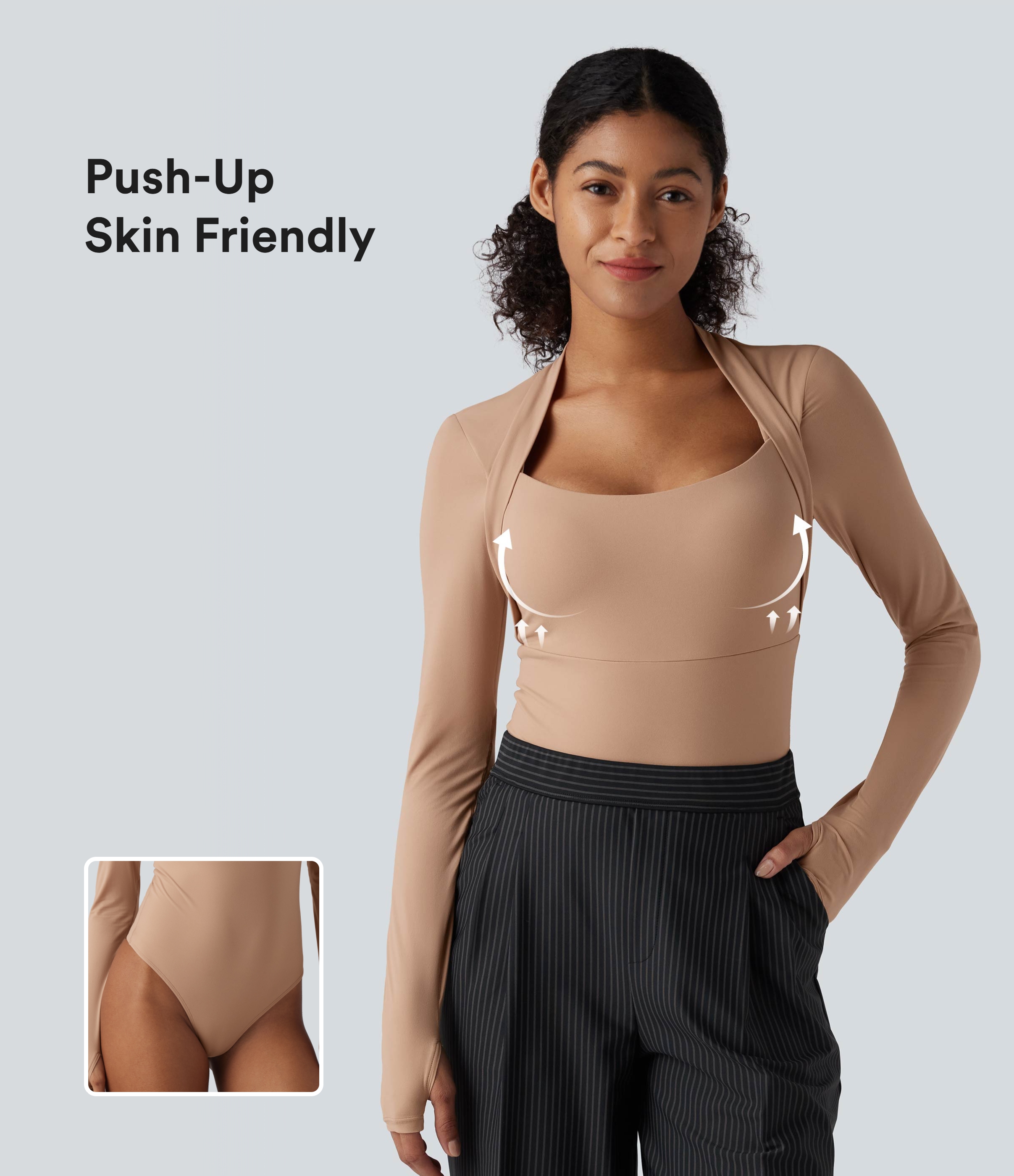 High Stretch Push-Up Long Sleeve Thumb Hole Casual Bodysuit A/B Cup