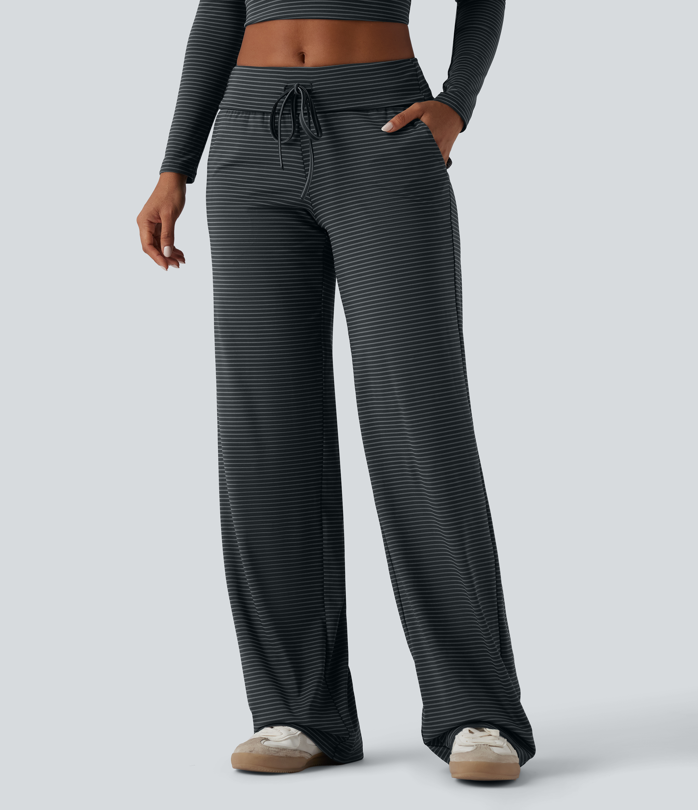 Foldover Low Rise Drawstring Stripes Casual Straight Leg Pants with Pockets