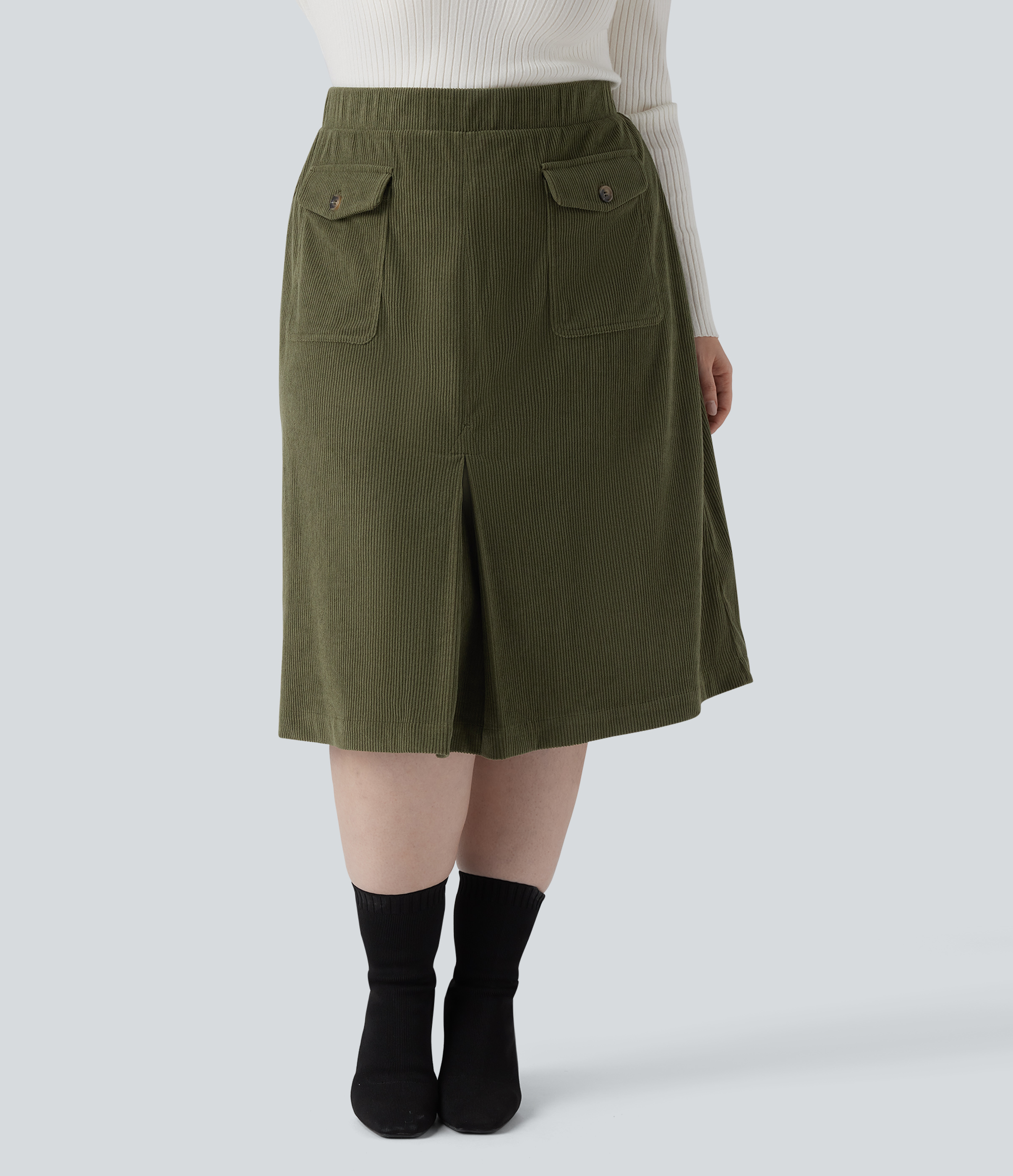 Mid Rise Midi Corduroy Casual Plus Size Skirt with Pockets