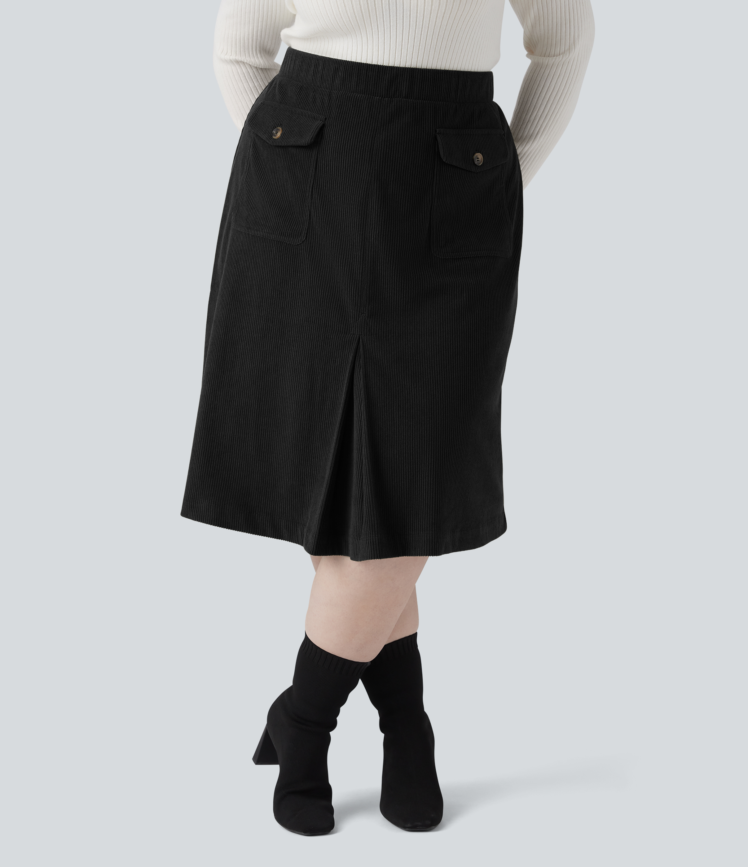 Jupe décontractée grande taille mi-longue en velours côtelé taille mi-haute avec poches