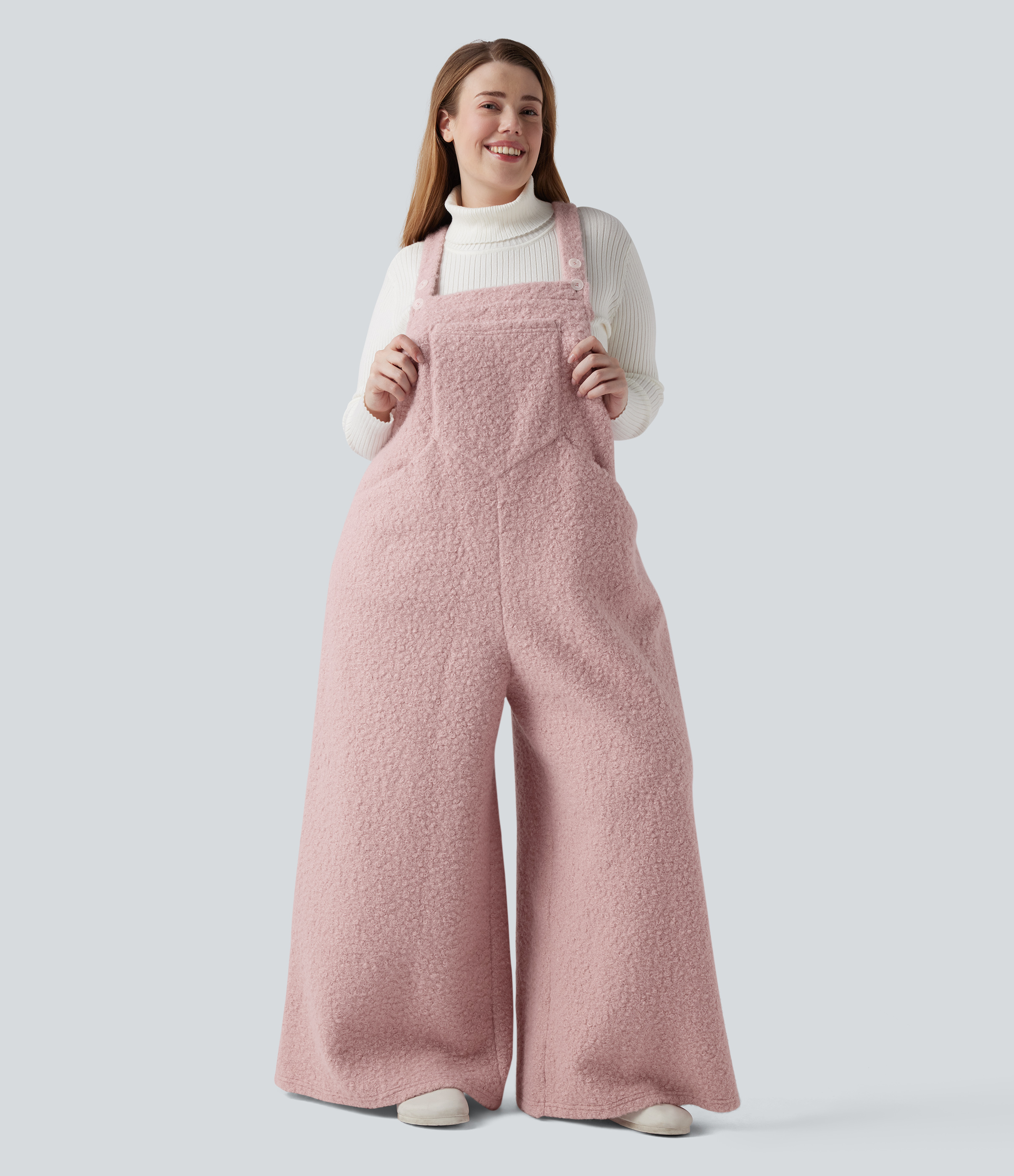 Dirty Pink Adjustable Straps Casual Teddy Plus Size Overalls with Pockets / 1
