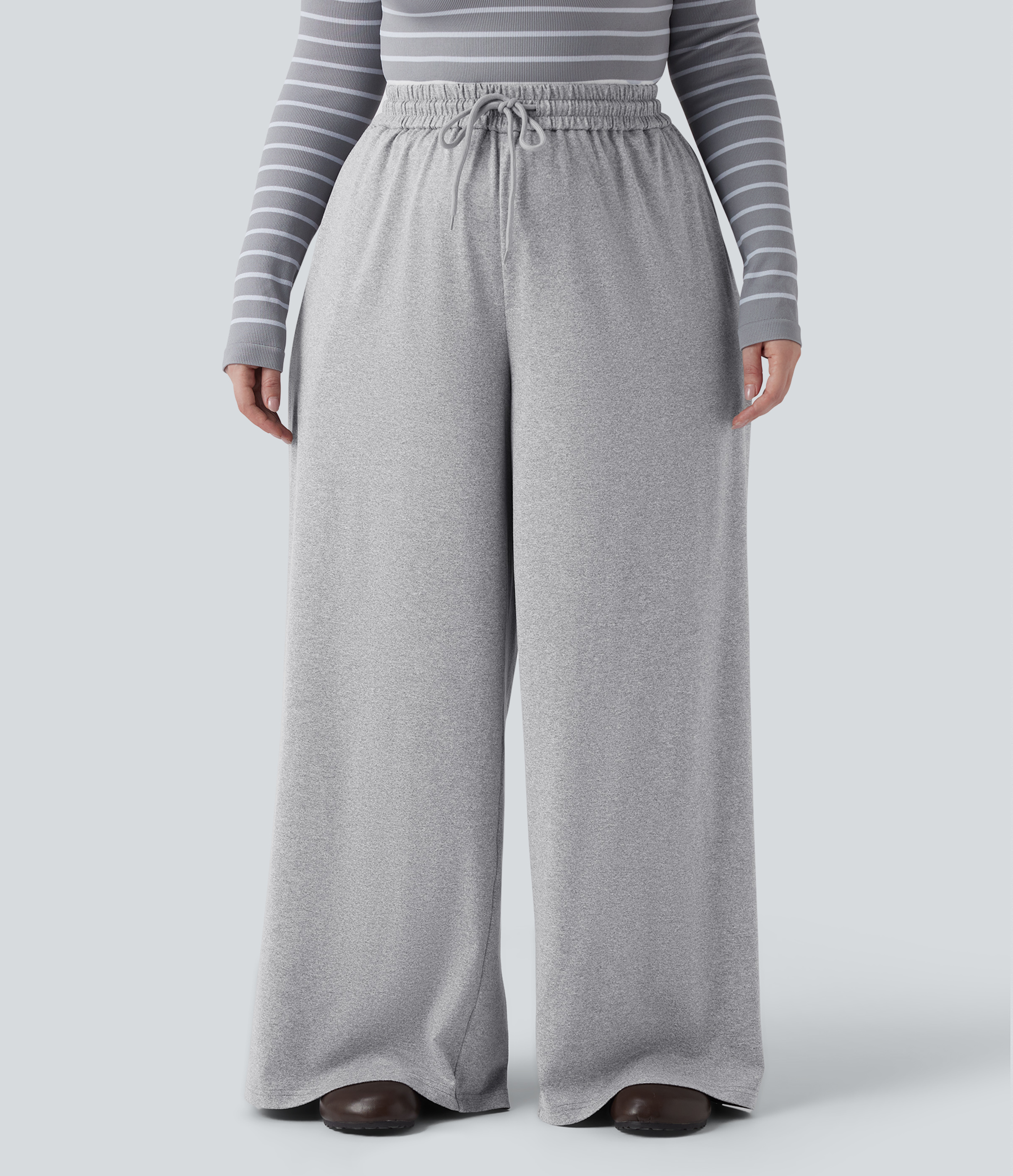 Plus Size High Waisted Drawstring Wide Leg Casual Pants with Pockets