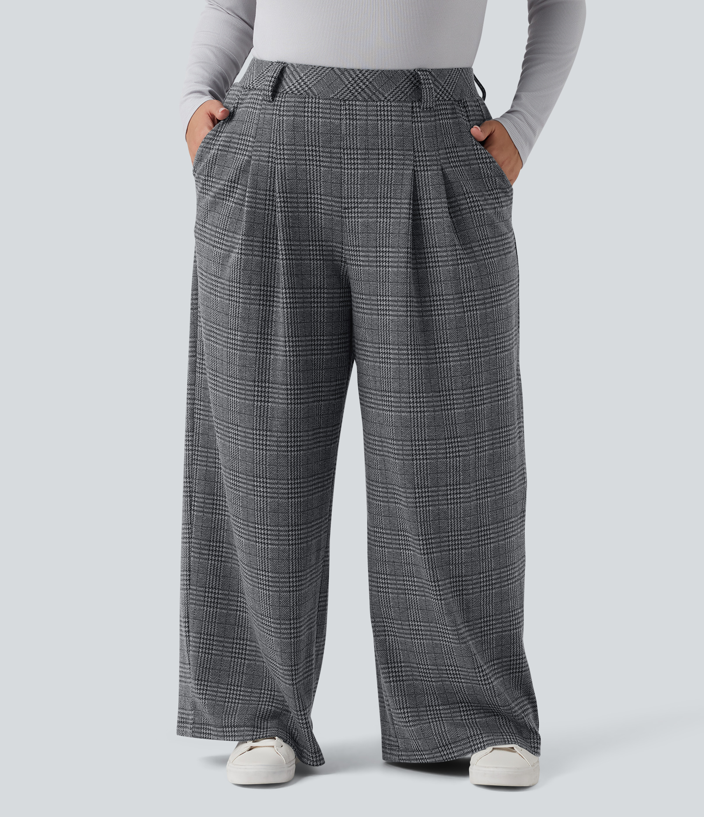Plus Size High Waisted Wide Leg Houndstooth Plaid Casual Pants with Pockets