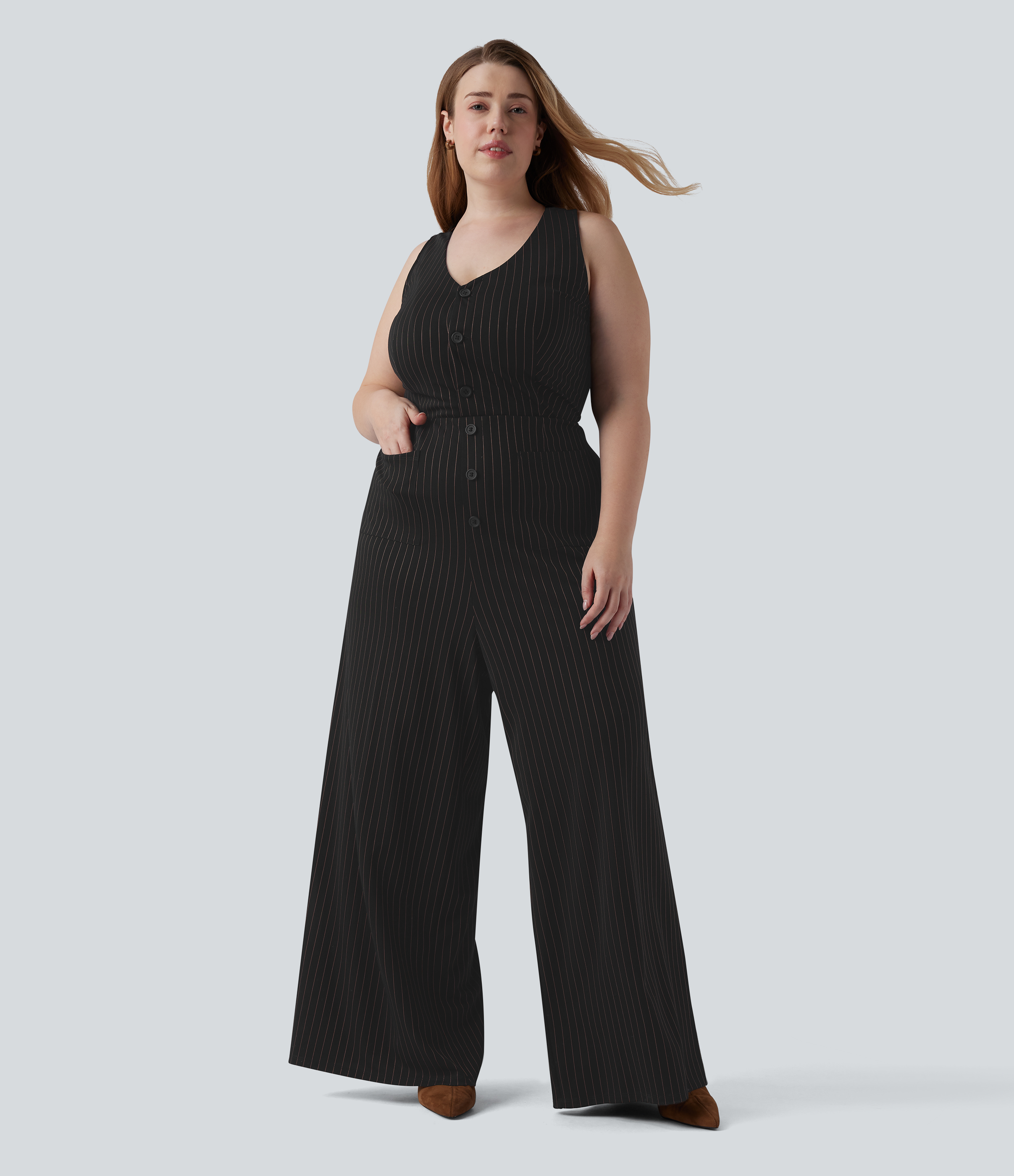 Combinaison grande taille col en V sans manches à découpes, jambe large, tissu frais au toucher, à rayures, pour le travail, avec poches