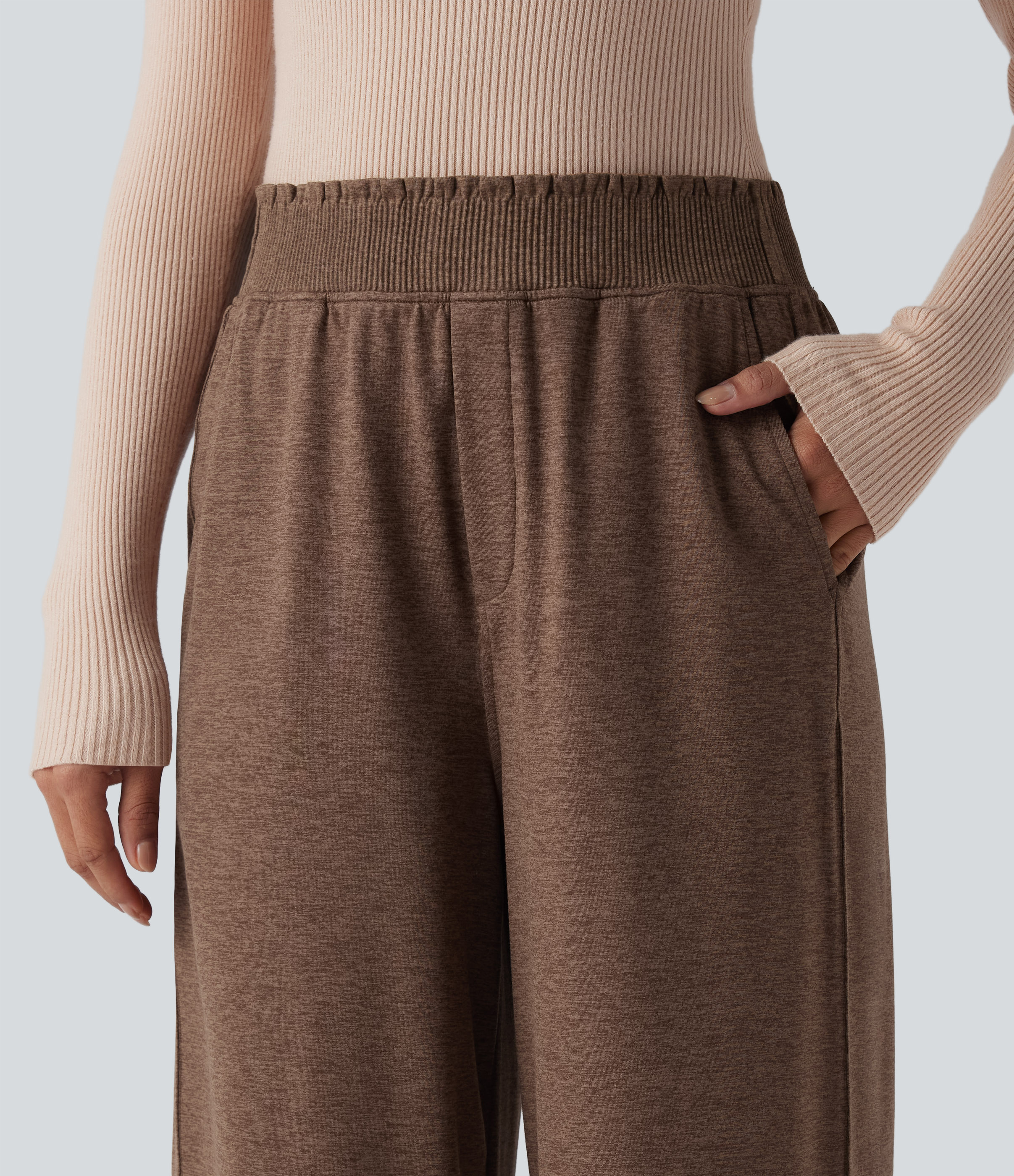 Women's High Waisted Lettuce Trim Quick Dry Heathered Casual Wide
