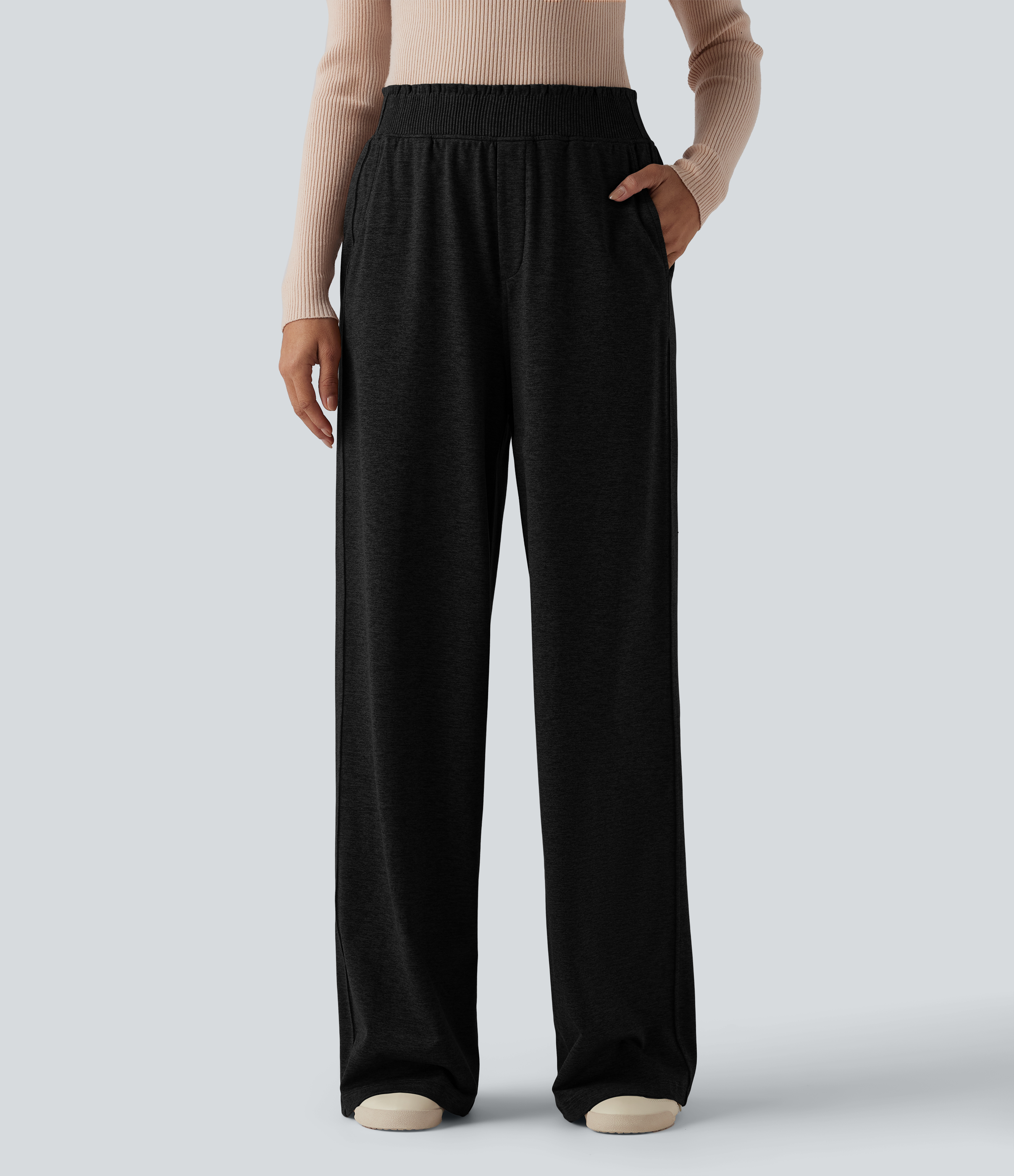 Women's High Waisted Lettuce Trim Quick Dry Heathered Casual Wide