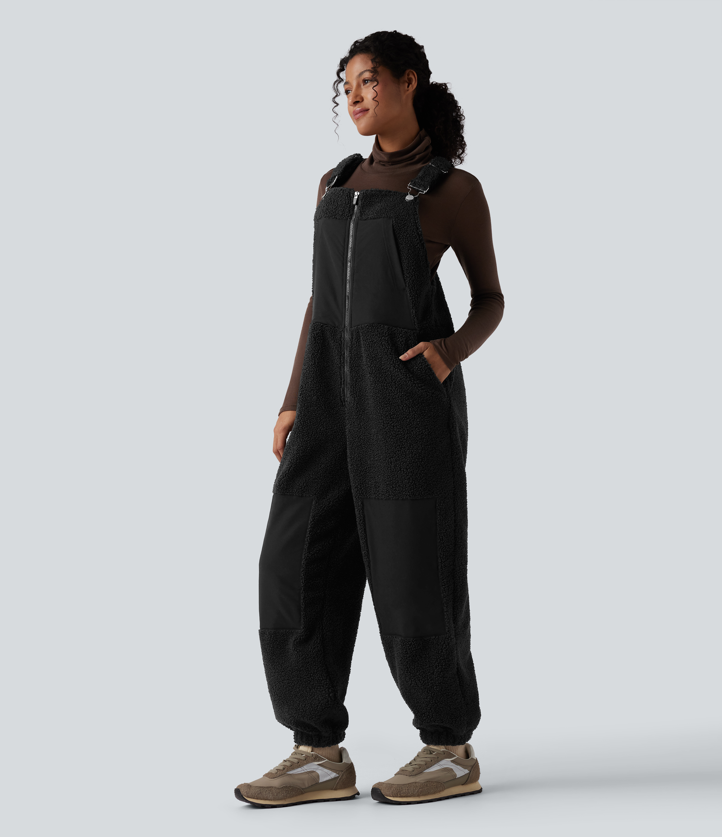 Women's Adjustable Straps Casual Sherpa Overalls with Pockets - Halara