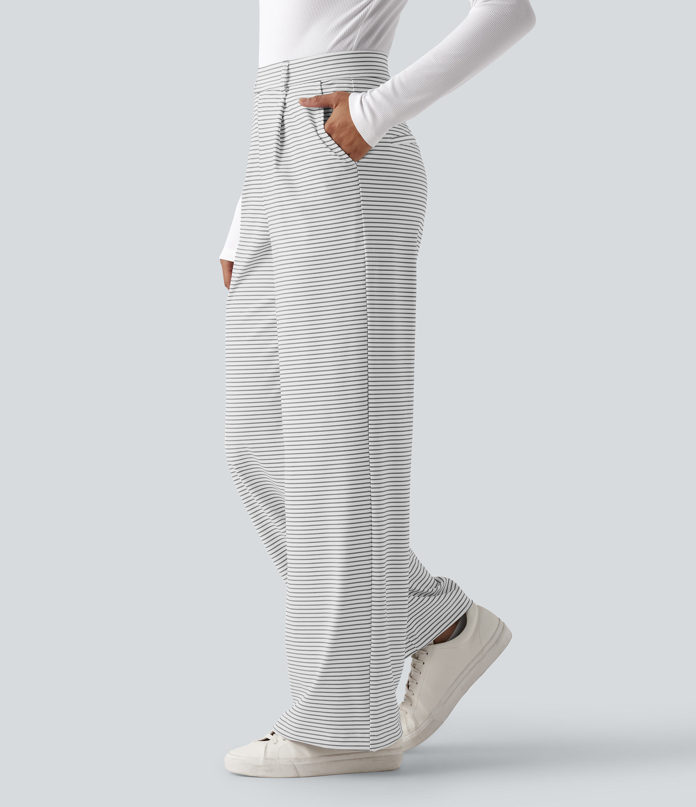 High Waisted Straight Leg Stripe Suit Work Pants with Pockets