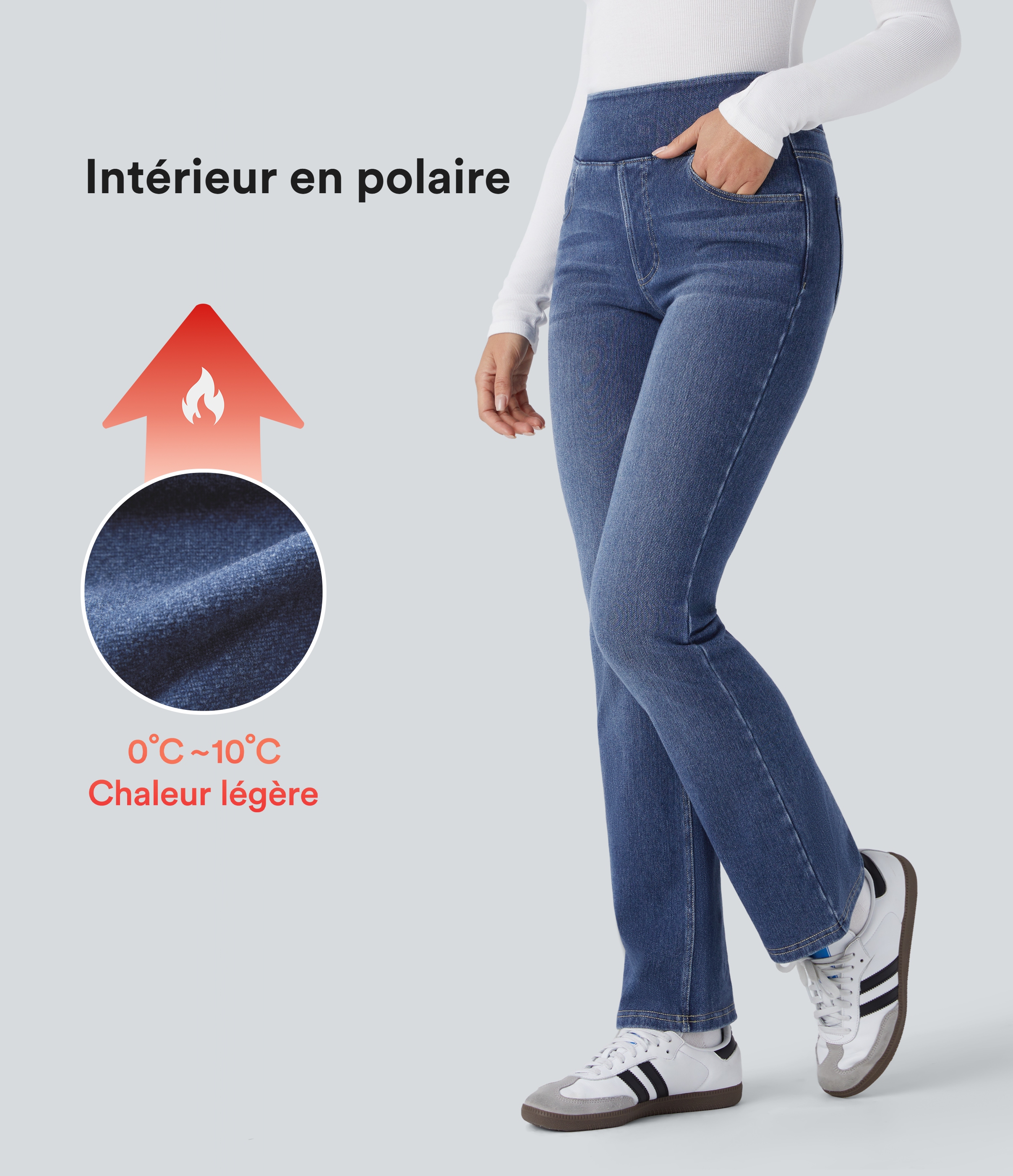 Halara Flex™ Jean évasé casual délavé en molleton taille haute avec poches