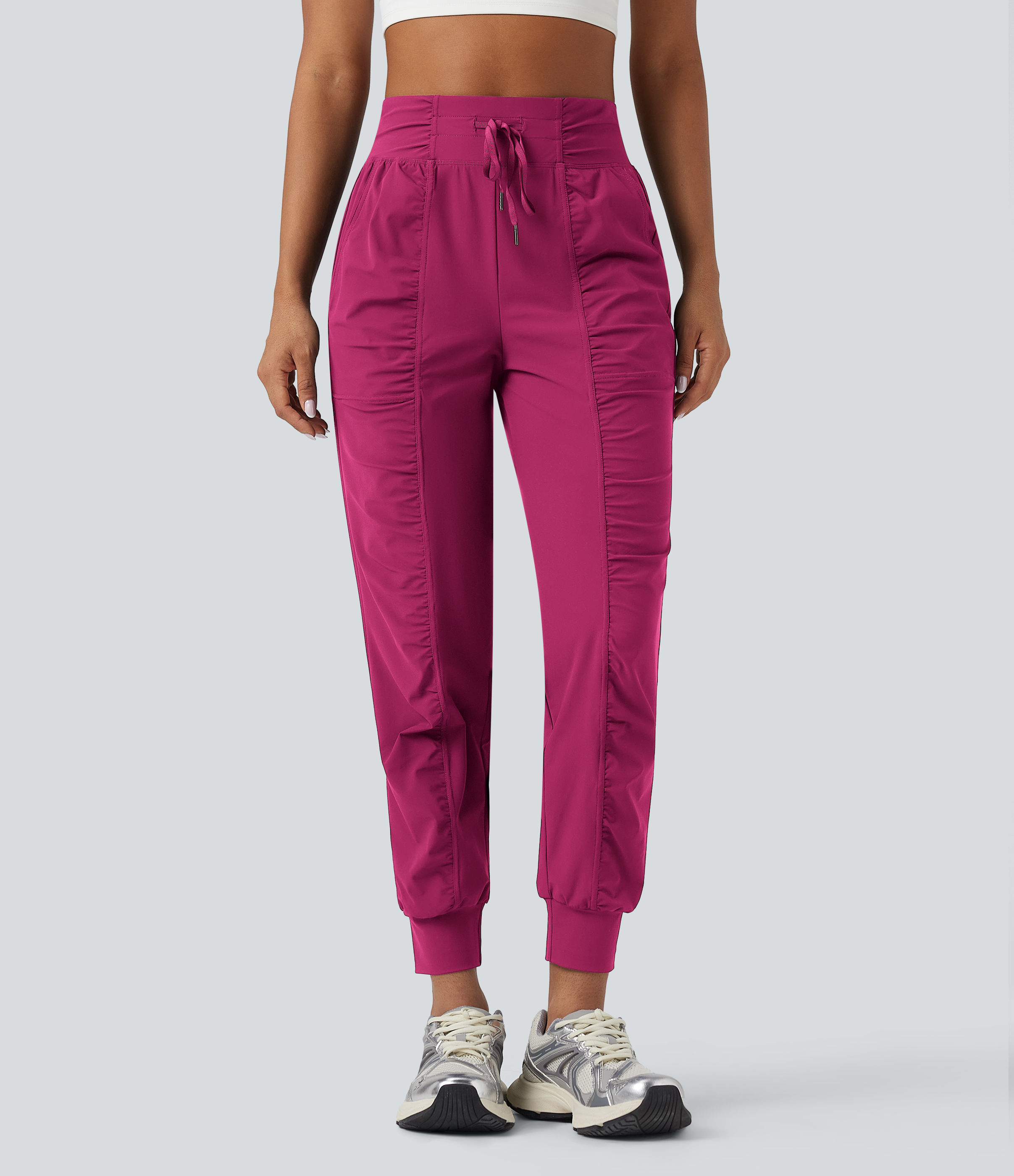 High Waisted Drawstring Ruched Tapered Quick Dry Cool Touch Dance Joggers with Pockets-UPF40+