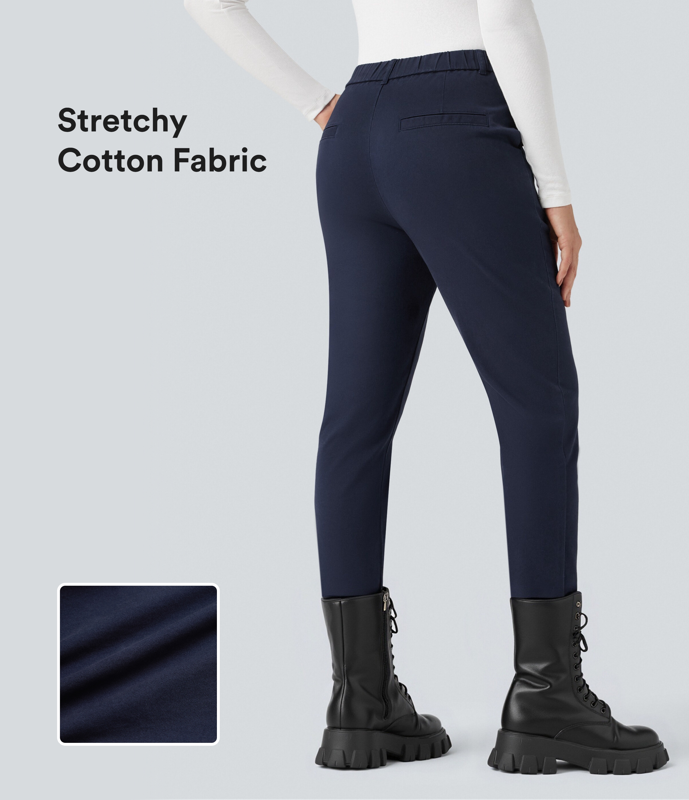 Mid Rise Slim Casual 7/8 Chino Cotton Pants with Pockets