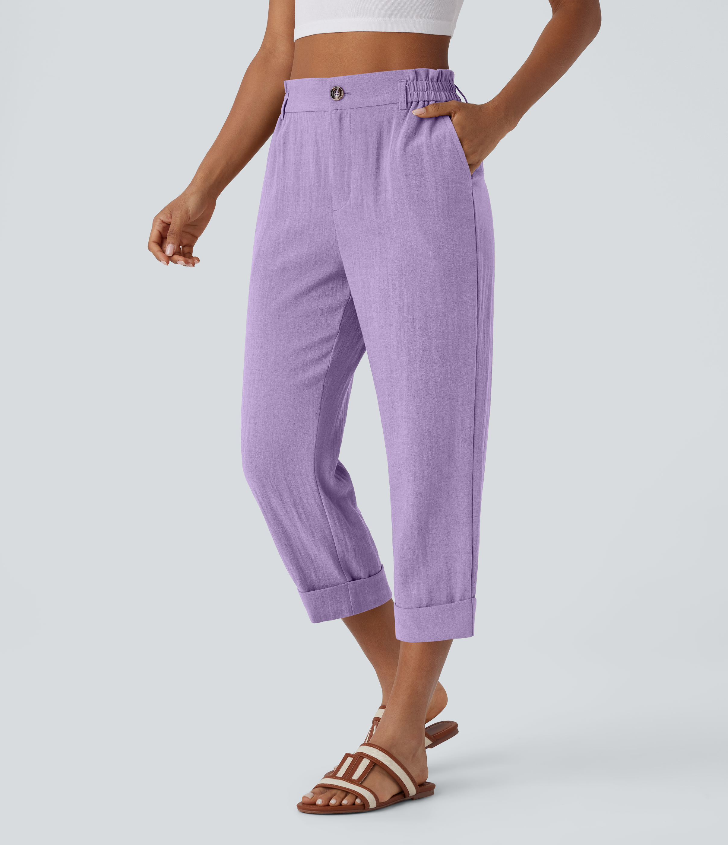 High Waisted Zipper Pocket Cropped Linen-Feel Trousers