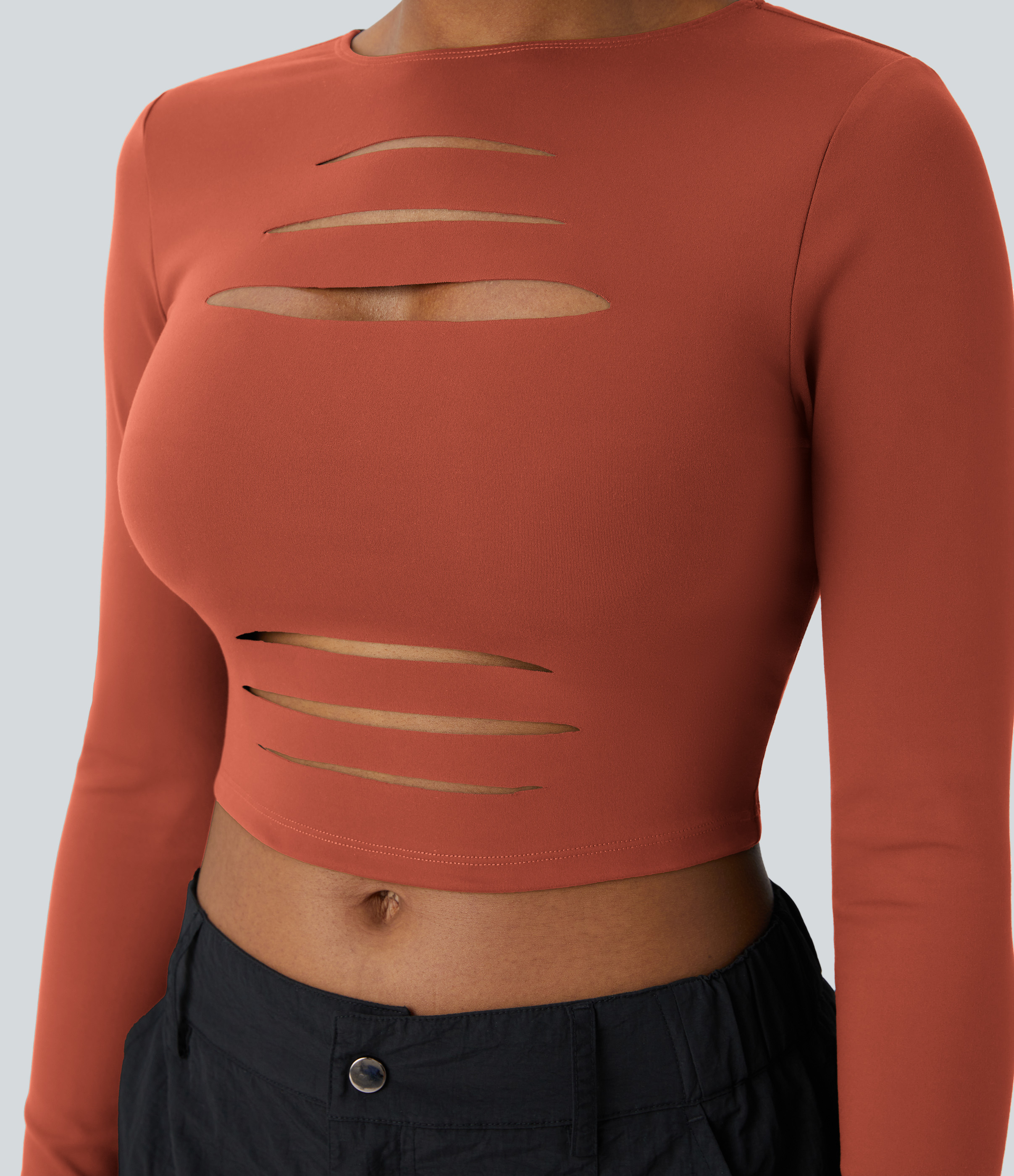 DayStretch Round Neck Long Sleeve Cut Out Ripped Skinny Cropped Casual Top