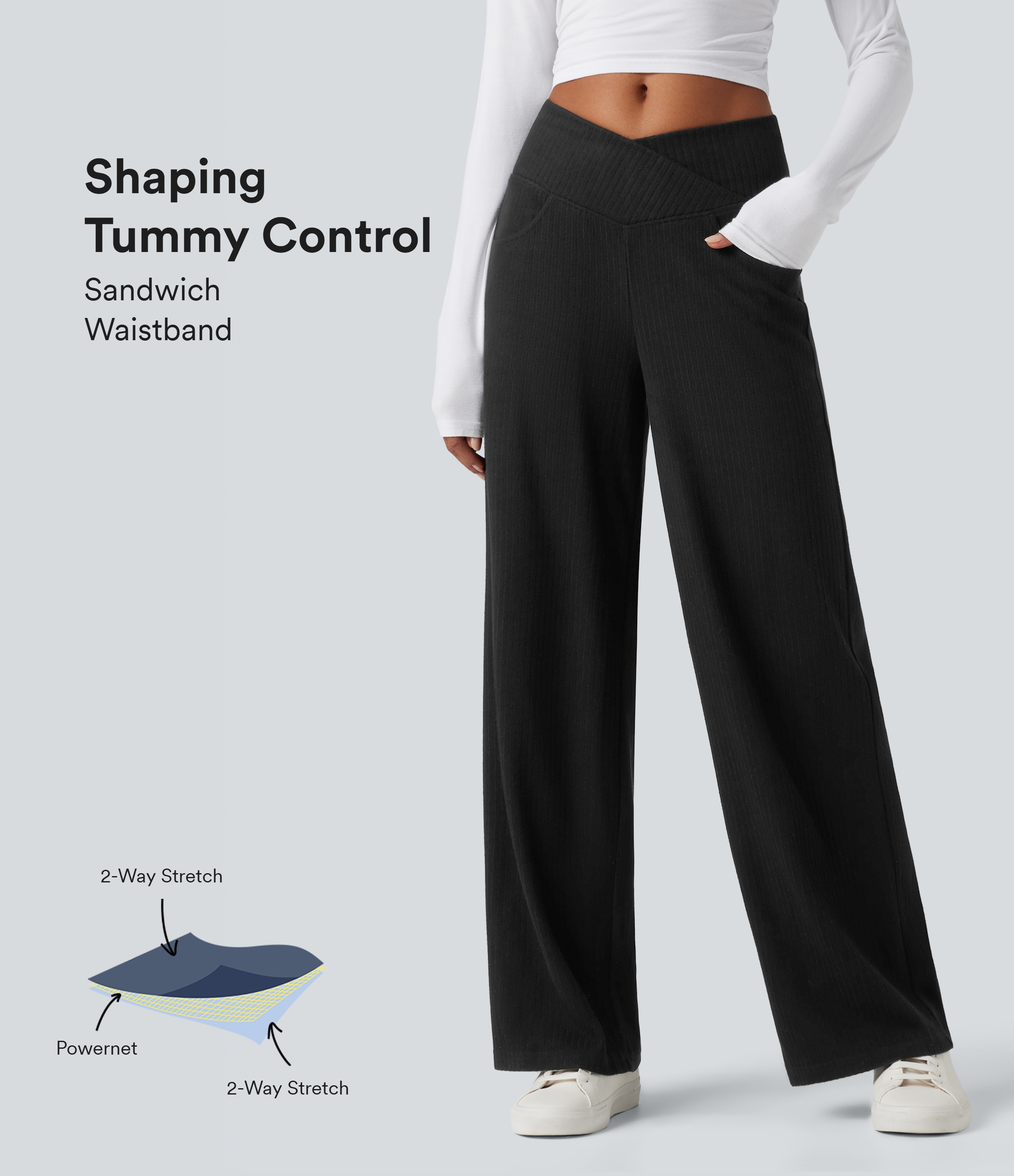 Ribbed Knit High Waisted Crossover Tummy Control Straight Leg Casual Pants with Pockets