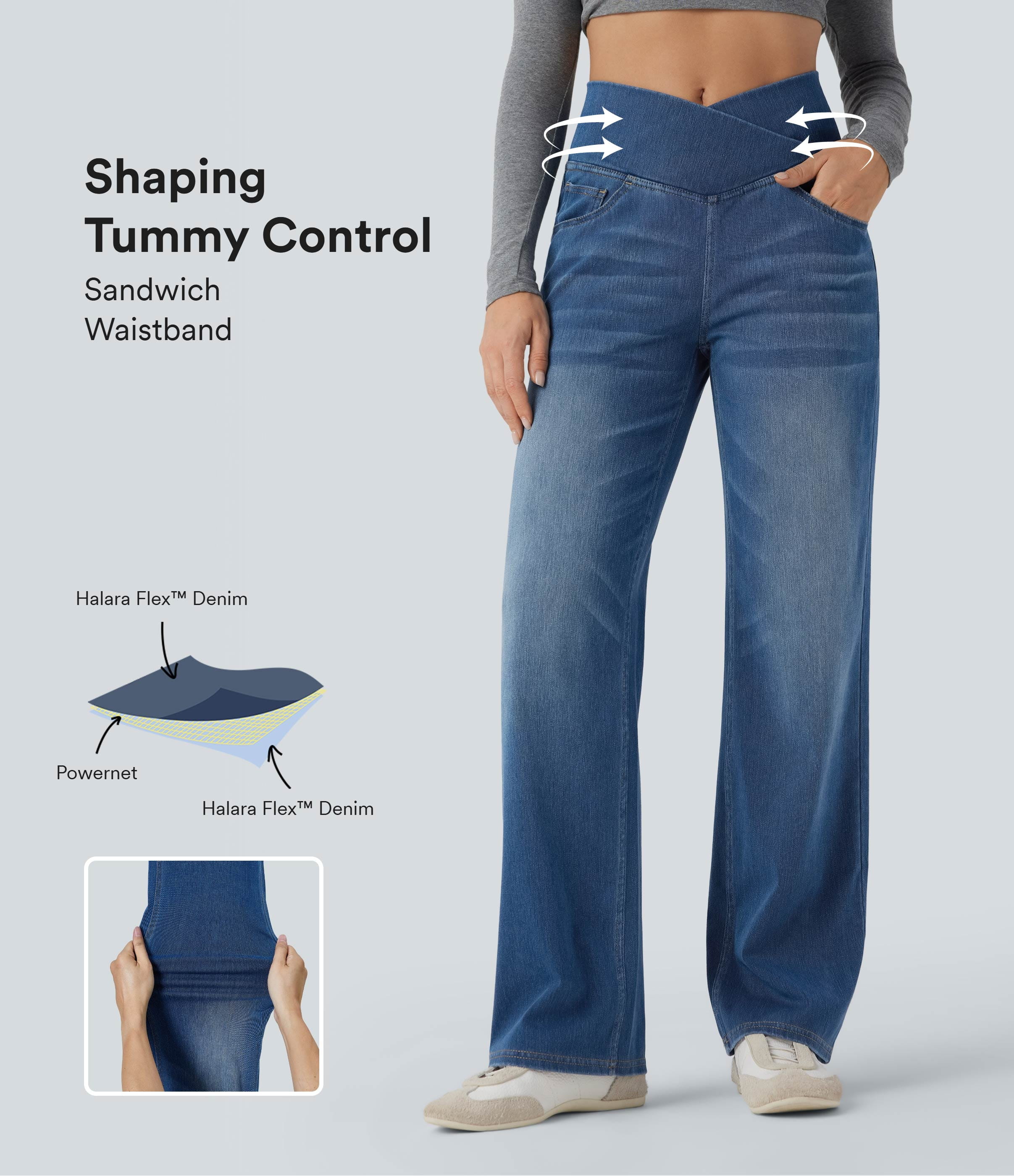 Halara Flex™ Crossover High Waisted Tummy Control Casual Straight Leg Jeans with Pockets