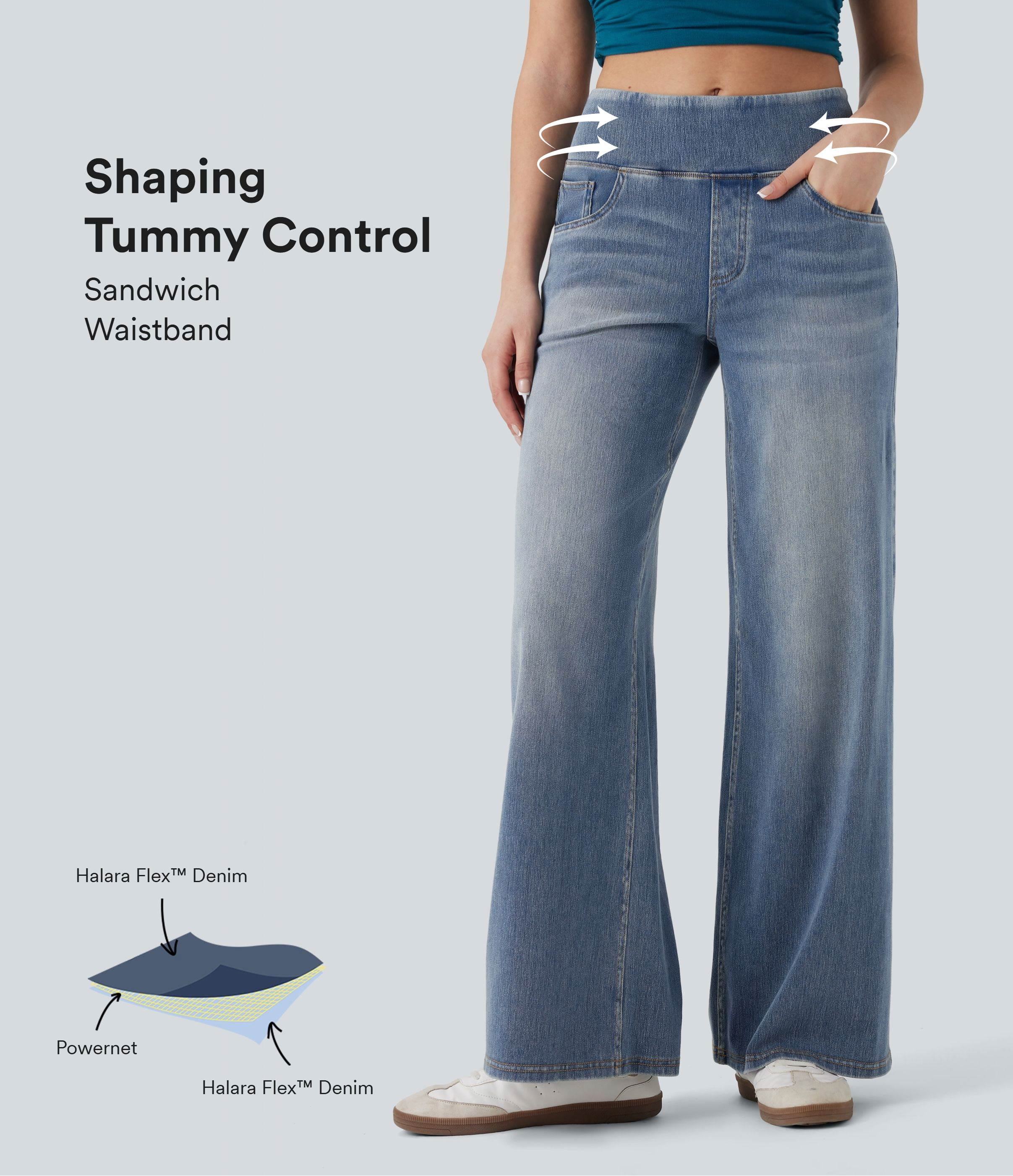 Vaqueros holgados informales con control de abdomen y tiro medio Halara Flex™ con bolsillos