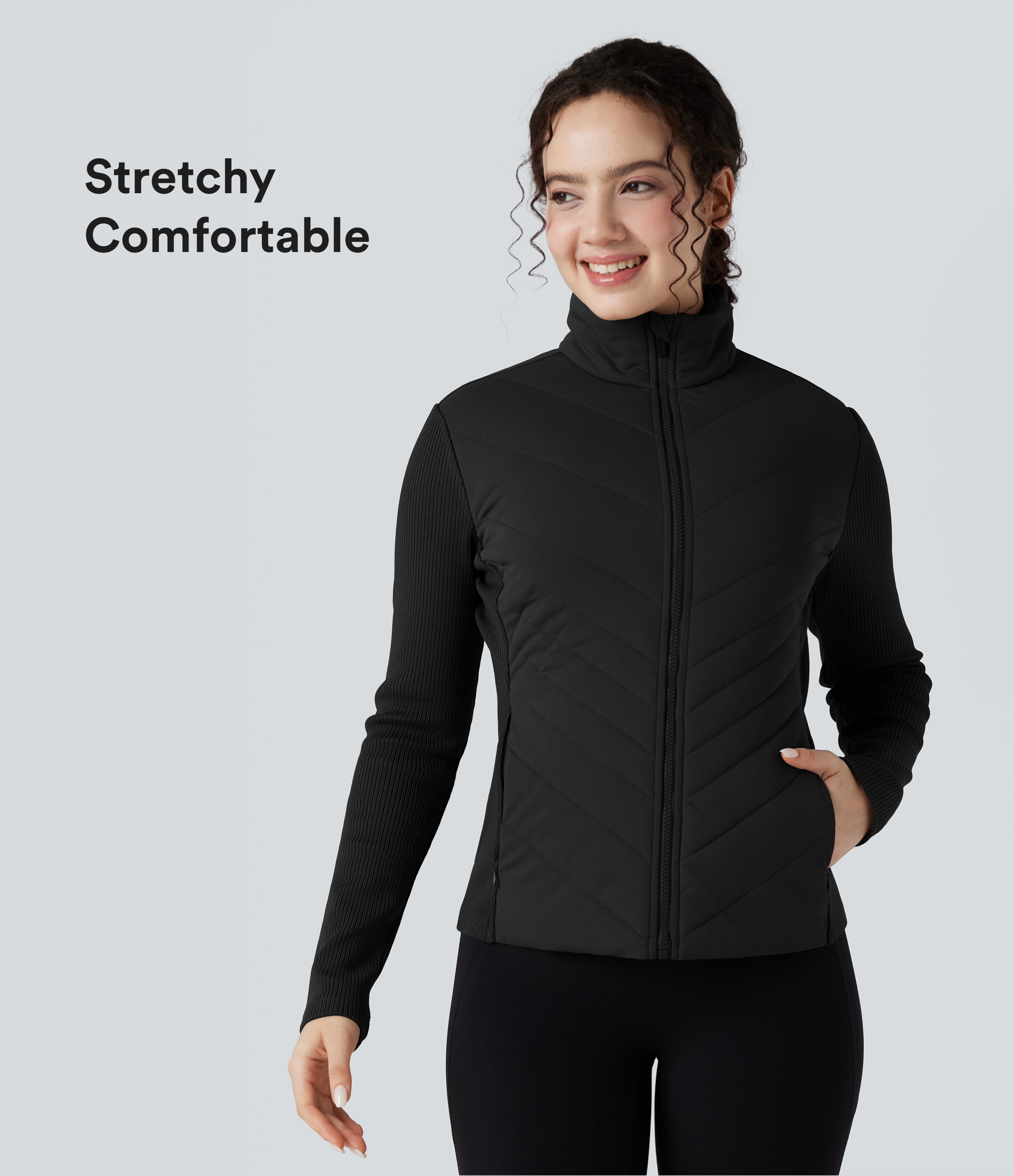 Veste matelassée décontractée à col montant et coupe ajustée, côtelée et contrastée, avec poches