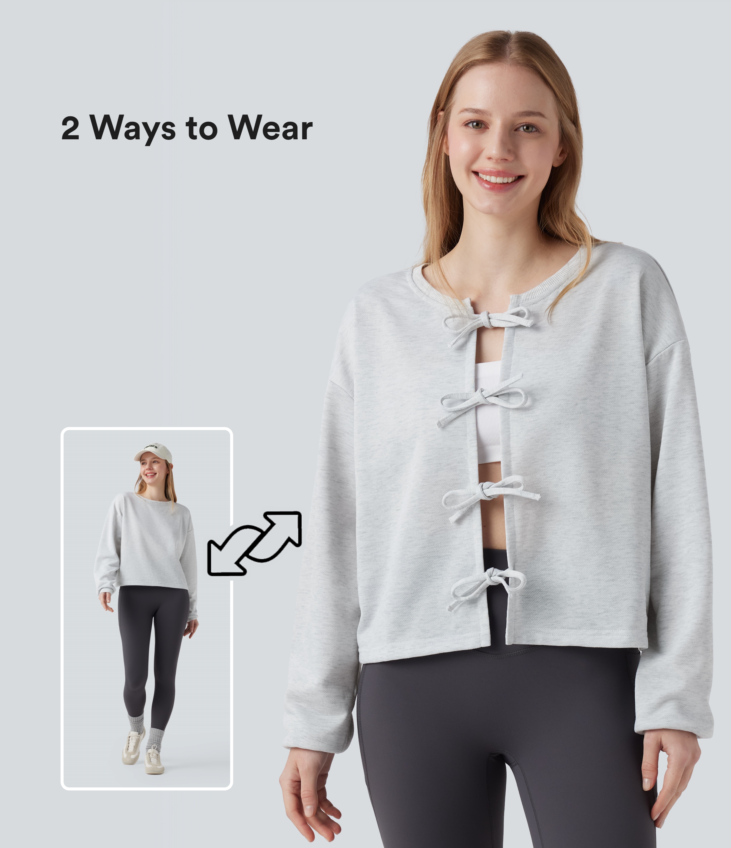 Reversible Round Neck Tie Front Long Sleeve Casual Sweatshirt (Two Looks in One)