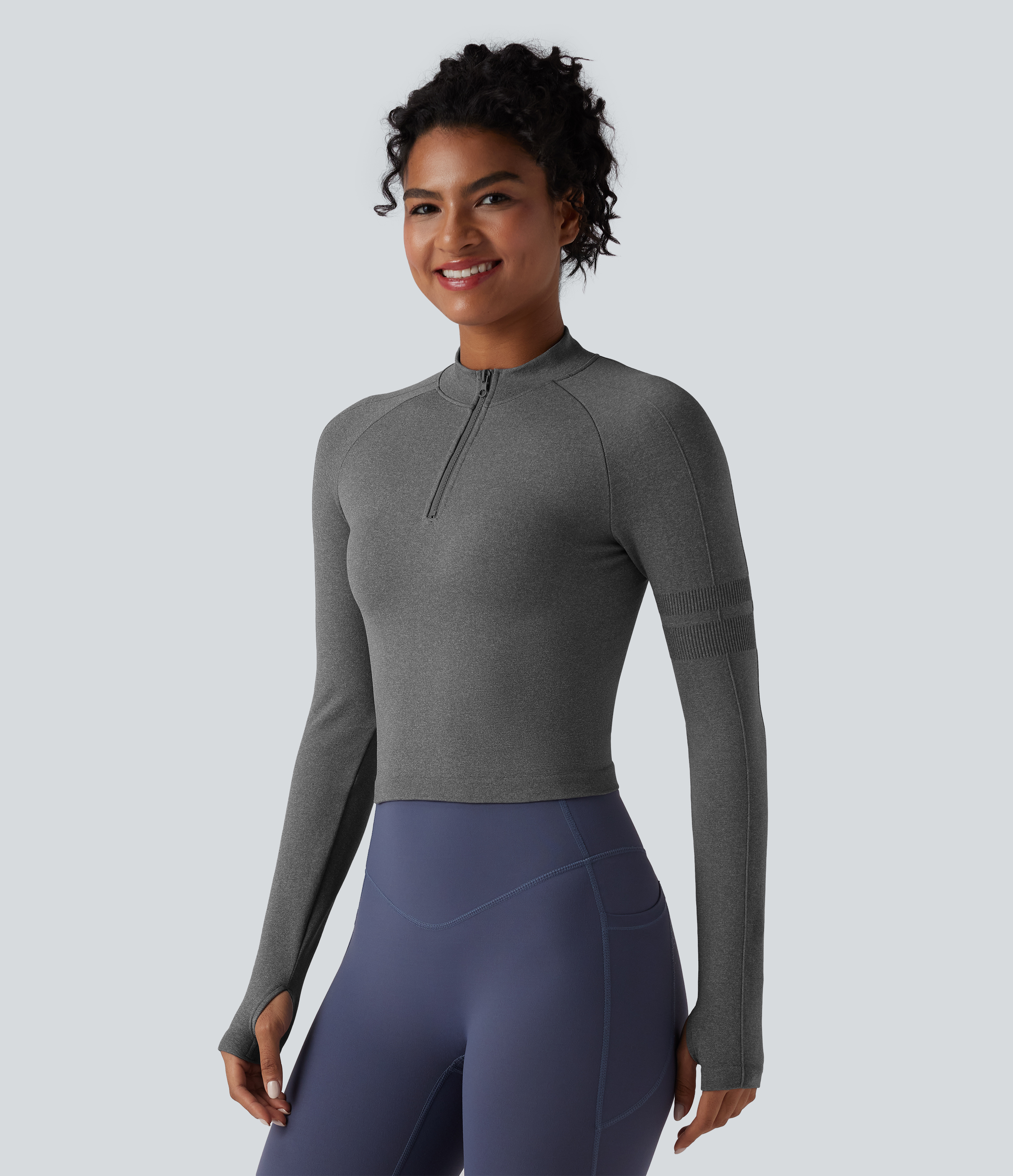 Seamless Flow Half Zip Long Sleeve Thumb Hole Yoga Sports Top