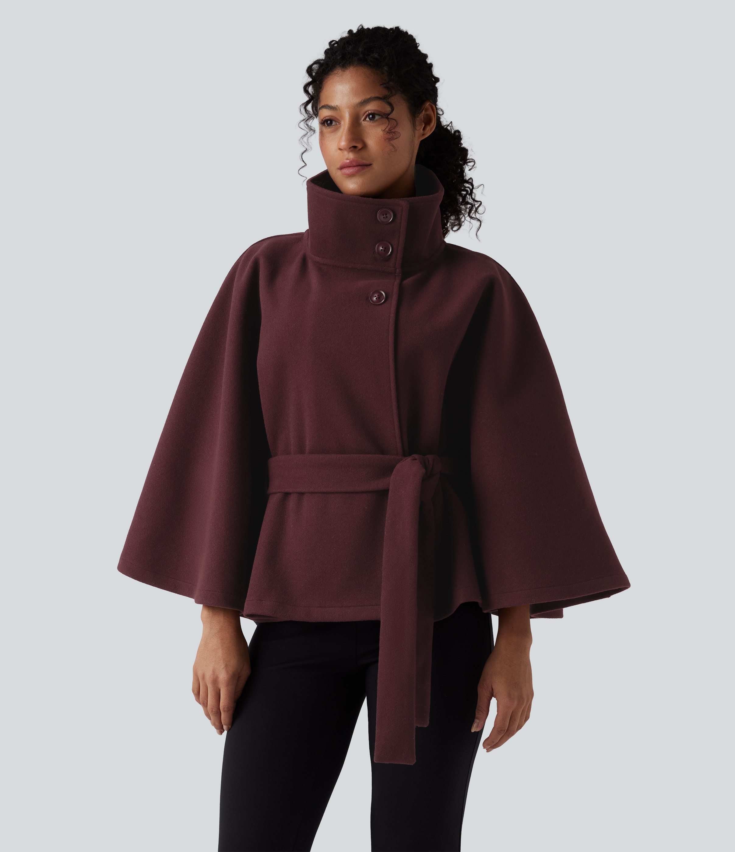 Women's High-neck Long Sleeve Belted Work Cape Coat - Halara