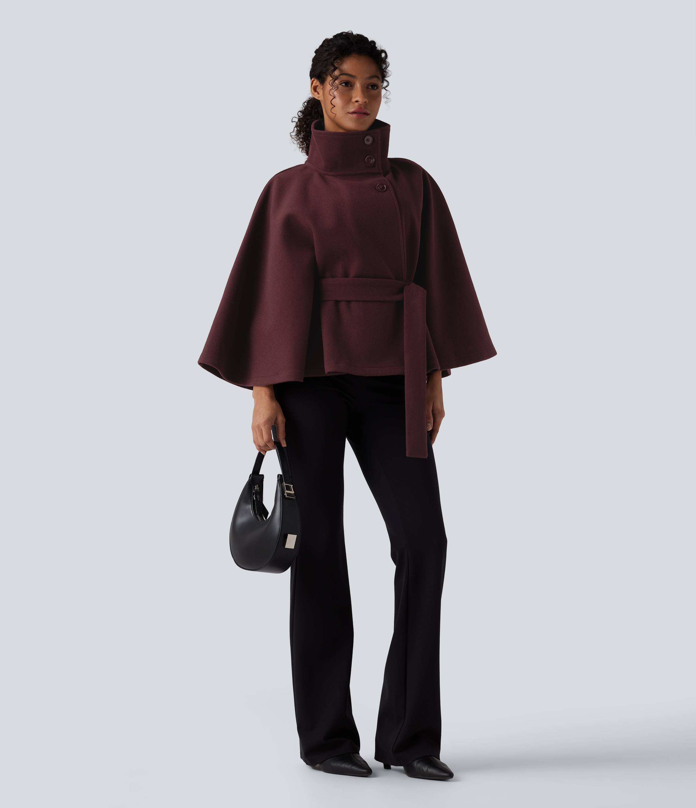 High-neck Long Sleeve Belted Work Cape Coat