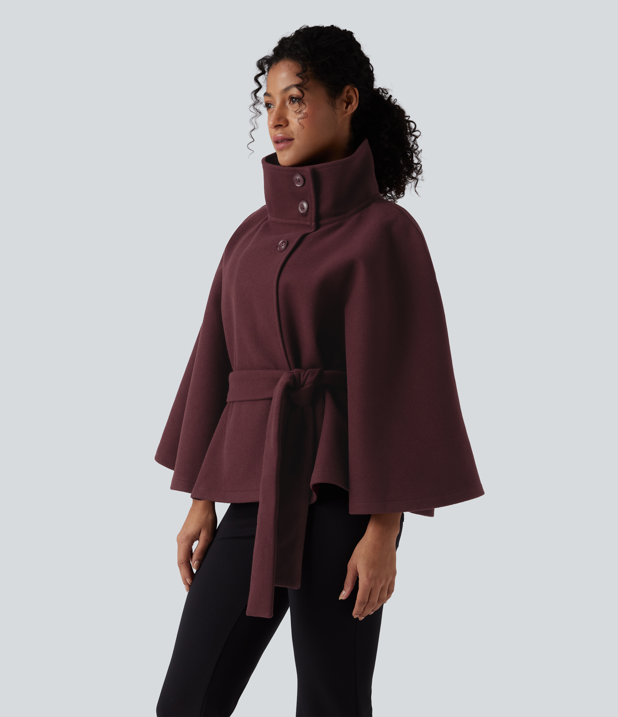Women's High-neck Long Sleeve Belted Work Cape Coat - Halara