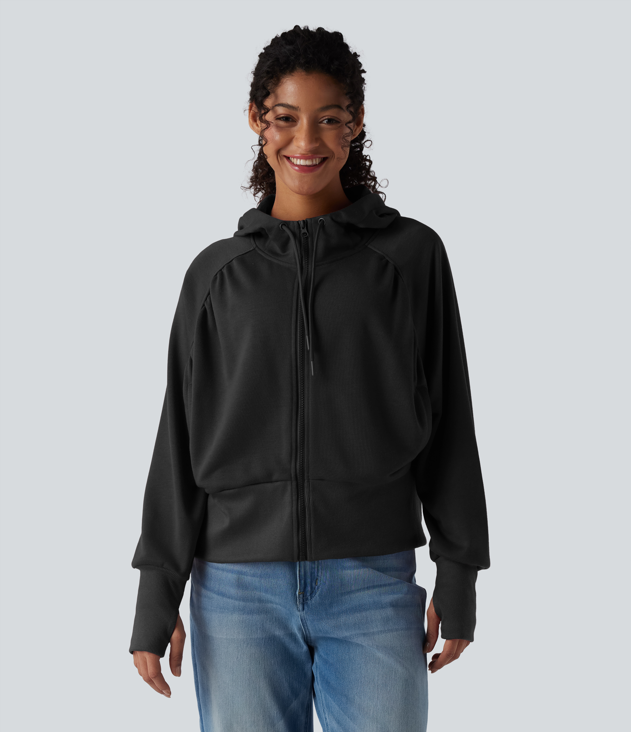 Sweat décontracté à capuche avec fermeture éclair et cordon, manches longues, passe-pouces et poches