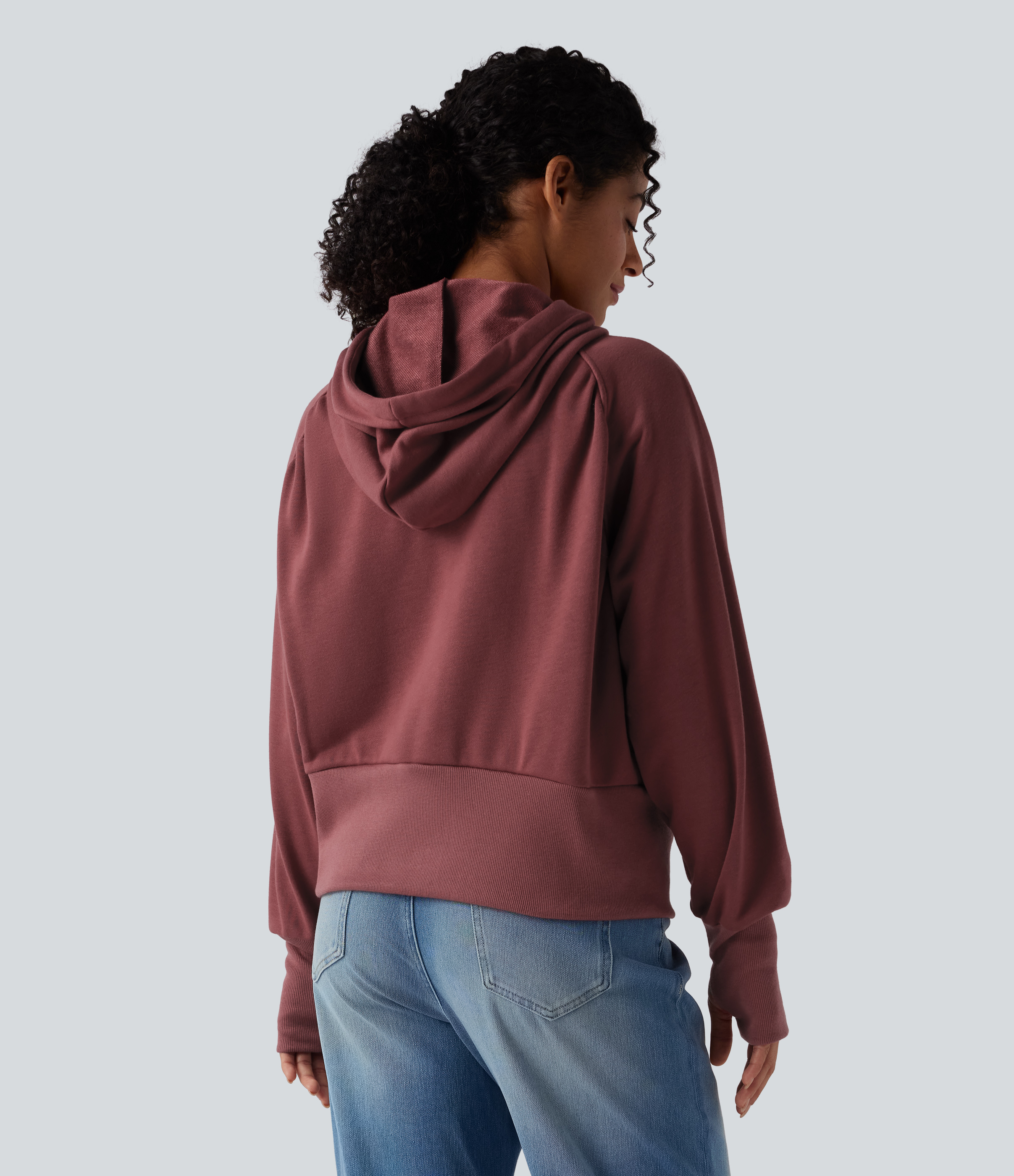 Sable Hooded Drawstring Zipper Long Sleeve Thumb Hole Casual Sweatshirt with Pockets / 2