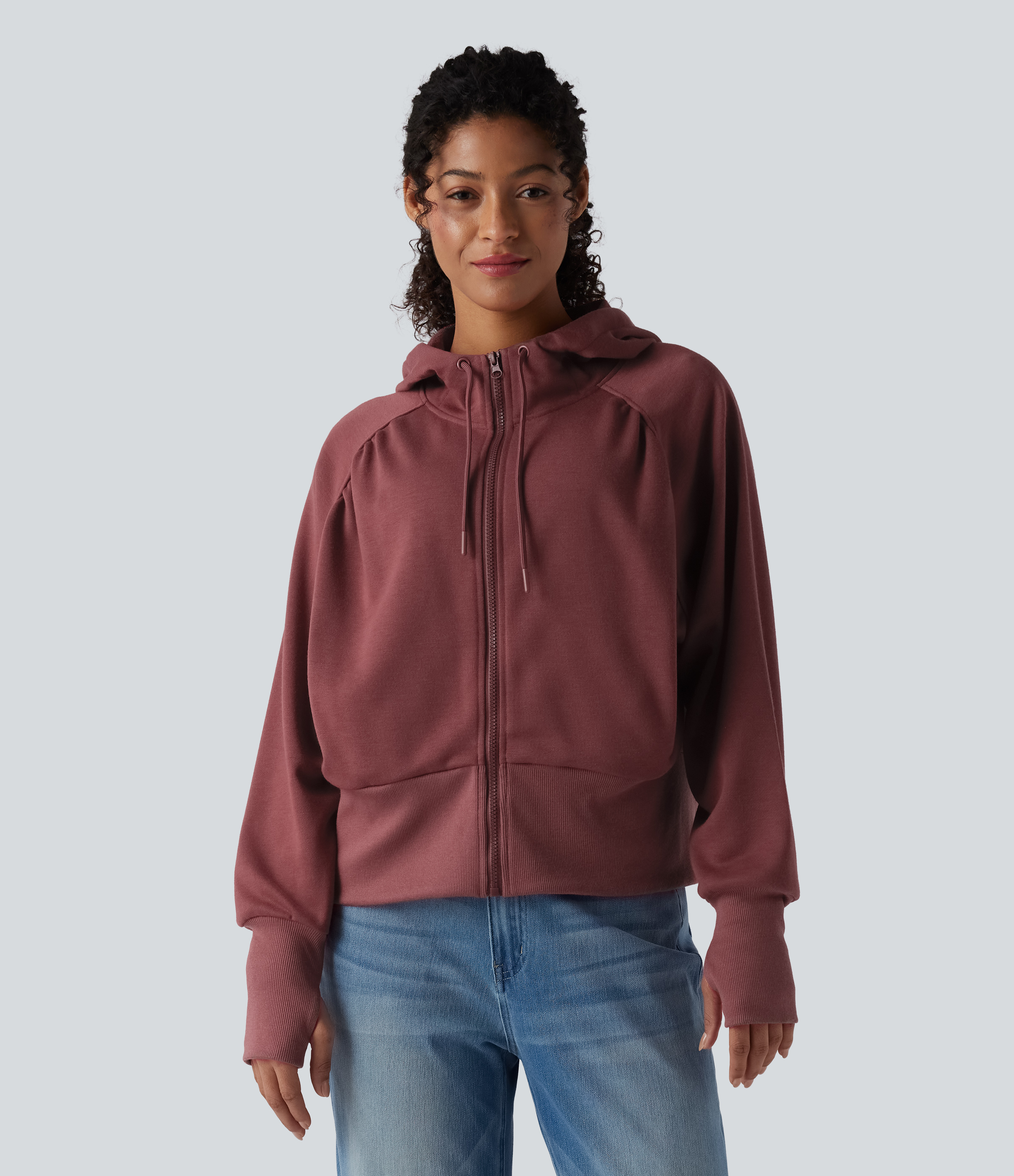 Hooded Drawstring Zipper Long Sleeve Thumb Hole Casual Sweatshirt with Pockets