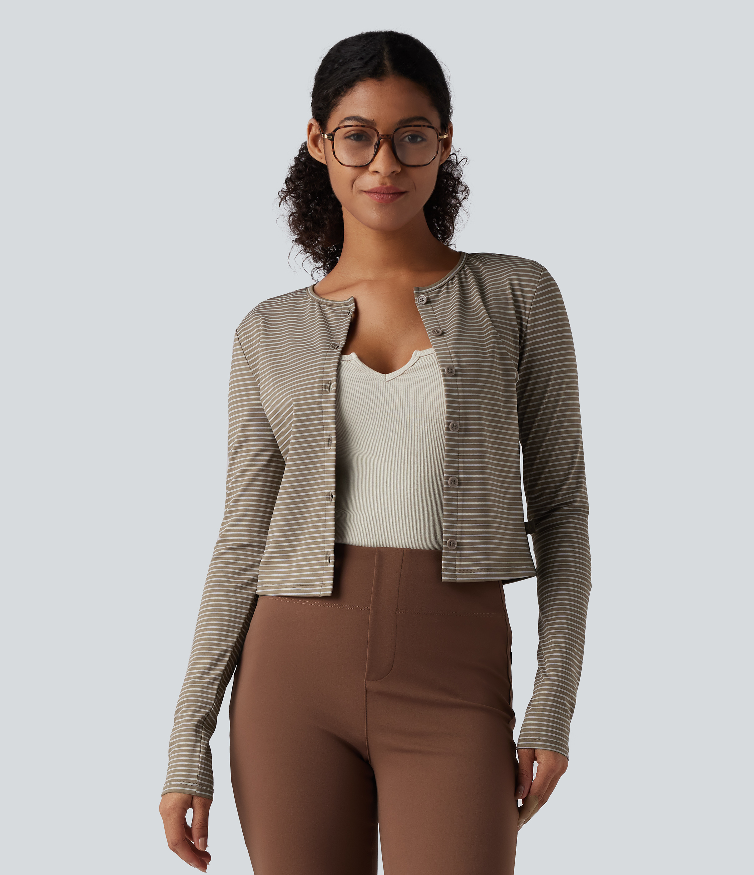 Women's Round Neck Long Sleeve Button Fly Stripes Work Top - Halara
