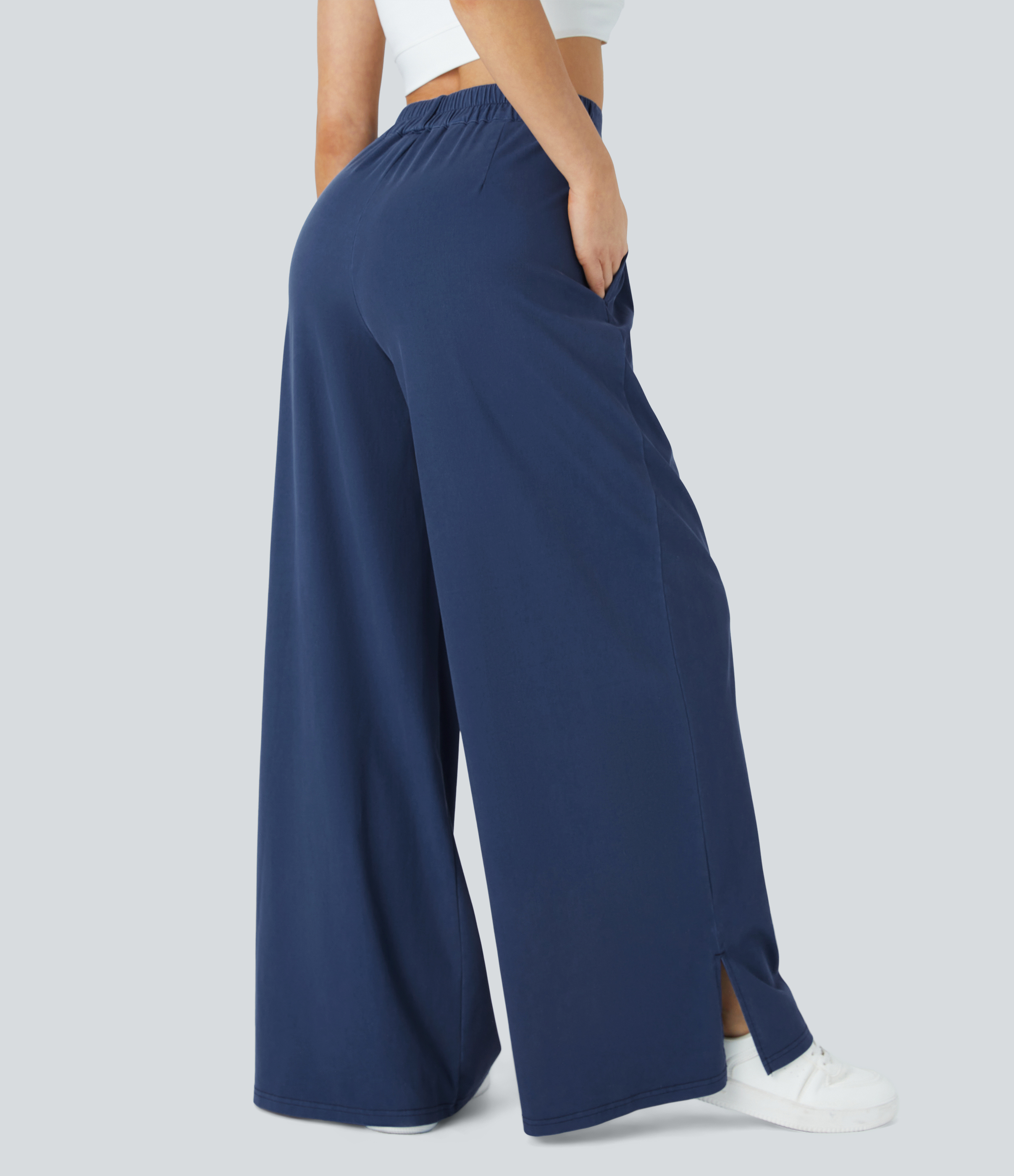 Indigo Blue Denim Pantalón ancho tiro alto plisado bolsillo lateral dobladillo dividido cremallera botón / 2