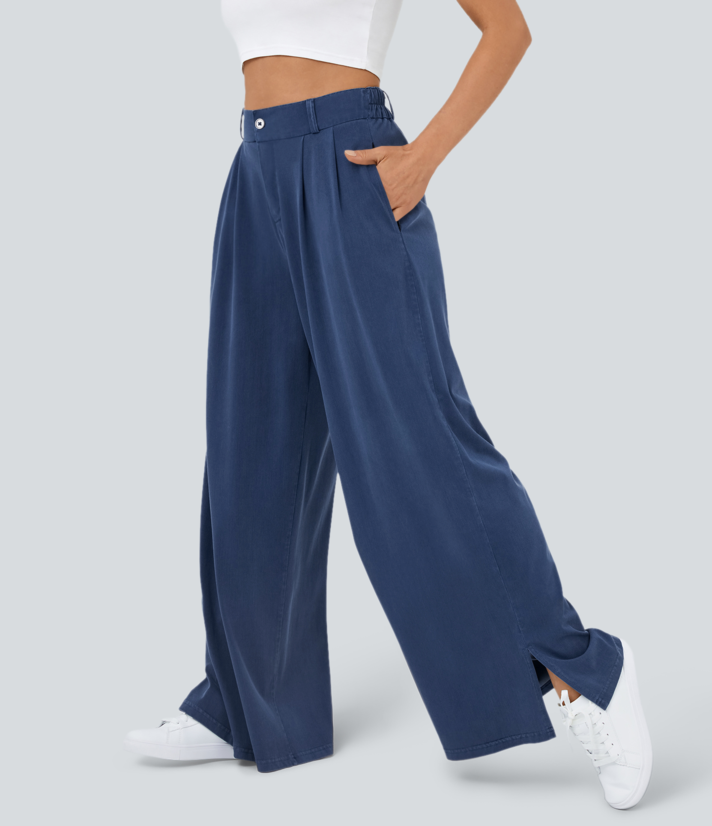 High-waisted button-down zip-up pleated side pockets and split hem wide-leg casual pants