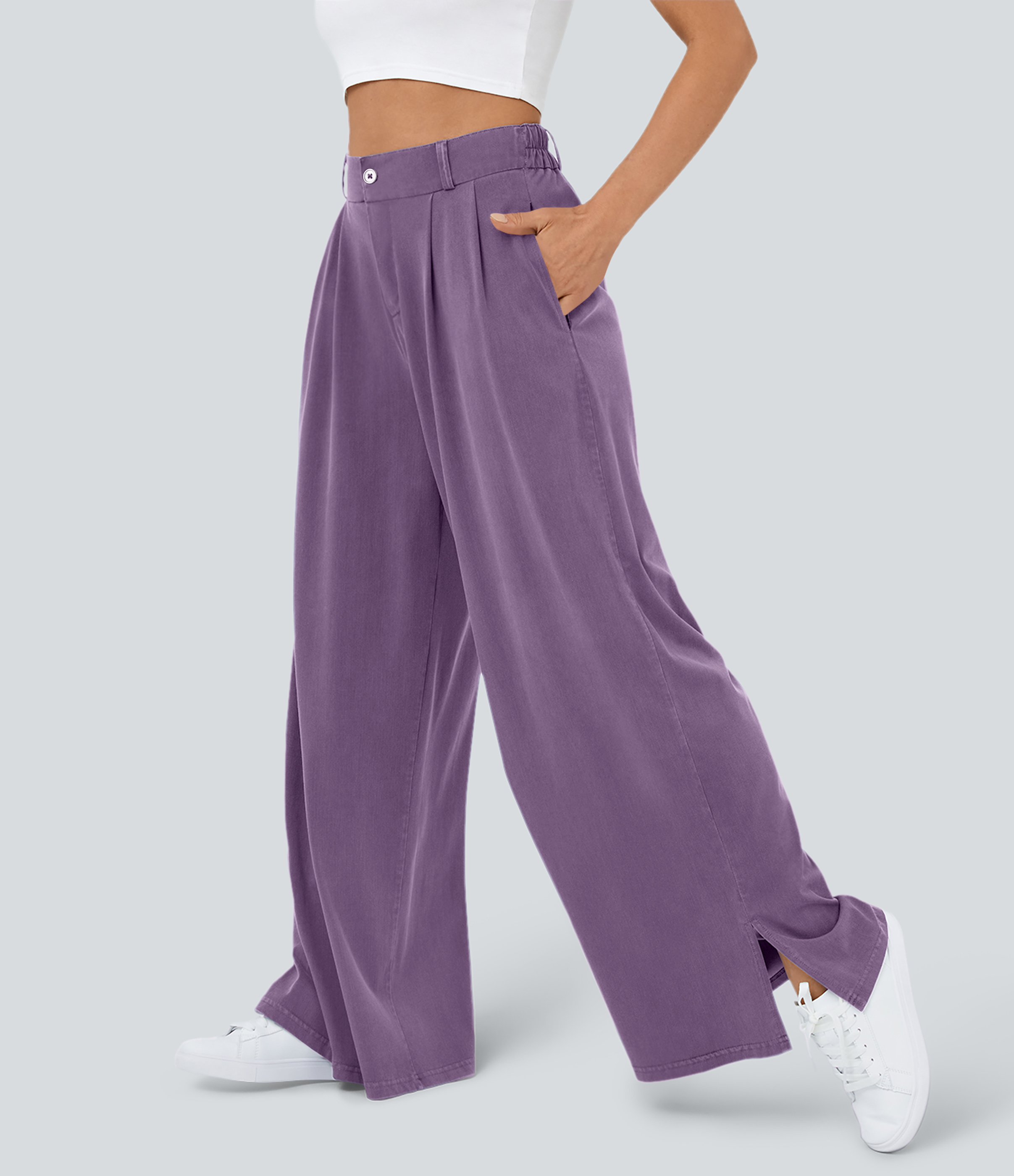 Pantalón ancho tiro alto plisado bolsillo lateral dobladillo dividido cremallera botón